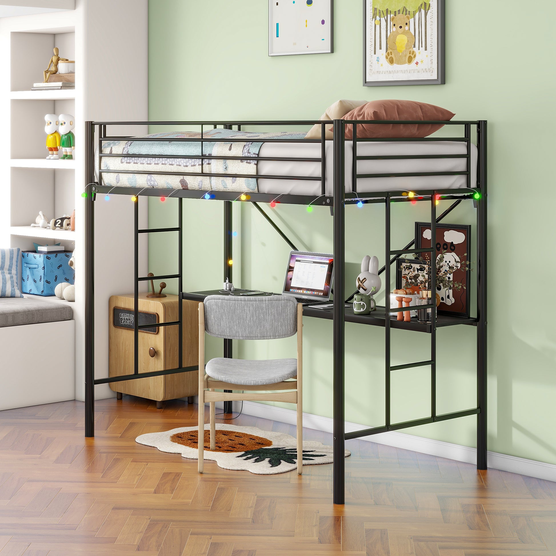 Twin Metal Loft Bed With Desk, Power Outlet And Led Lightedsafety Guard & Ladder, No Box Spring Needed, Black Box Spring Not Required Twin Black Metal Bedroom Modern,Retro,Rustic Bed Frame Mdf Metal