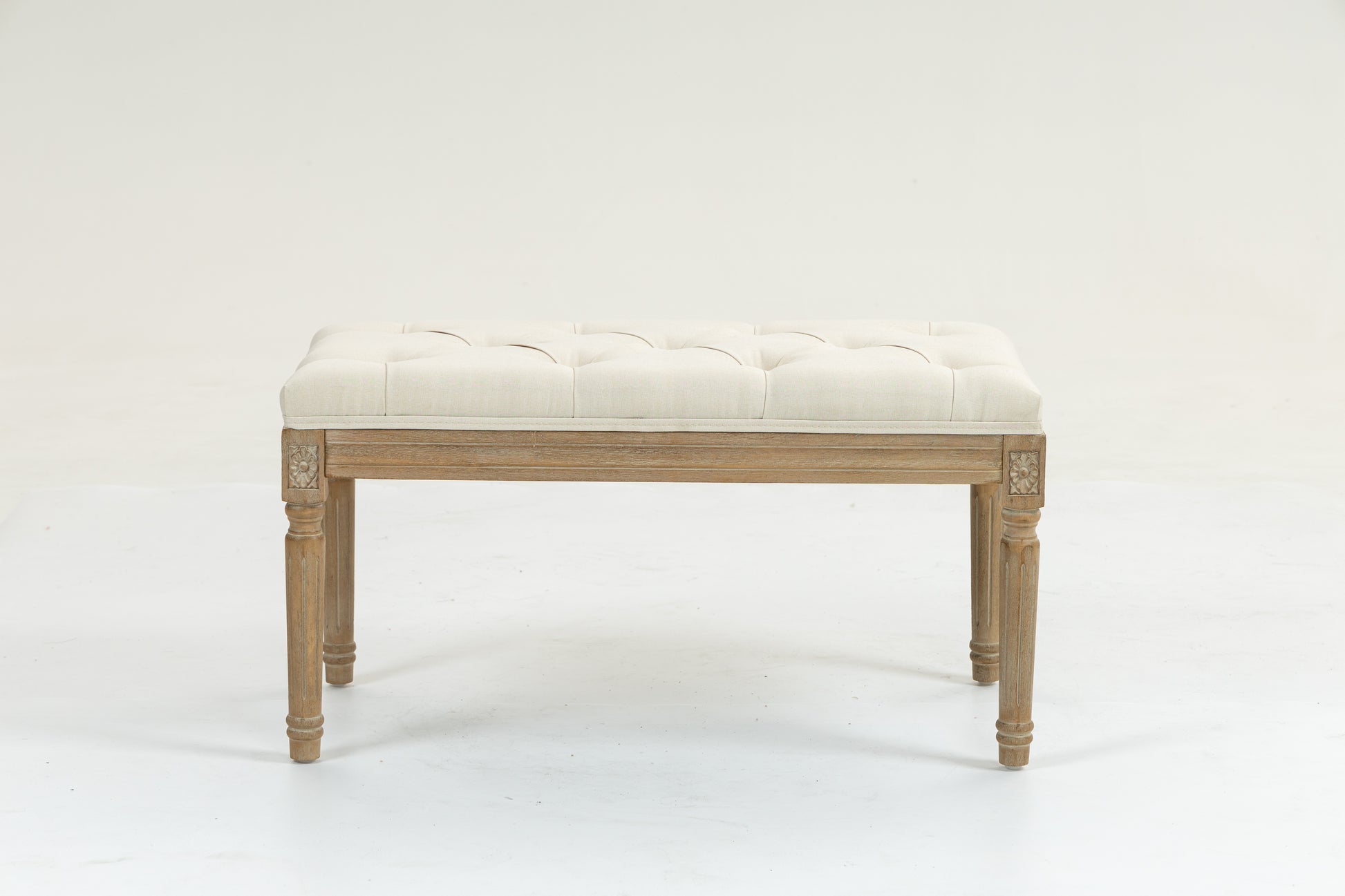 Traditional Rectangle Tufted Ottoman Bench In Beige Linen Look Fabric, For The Living Room And Bedroom Beige Rubber Wood
