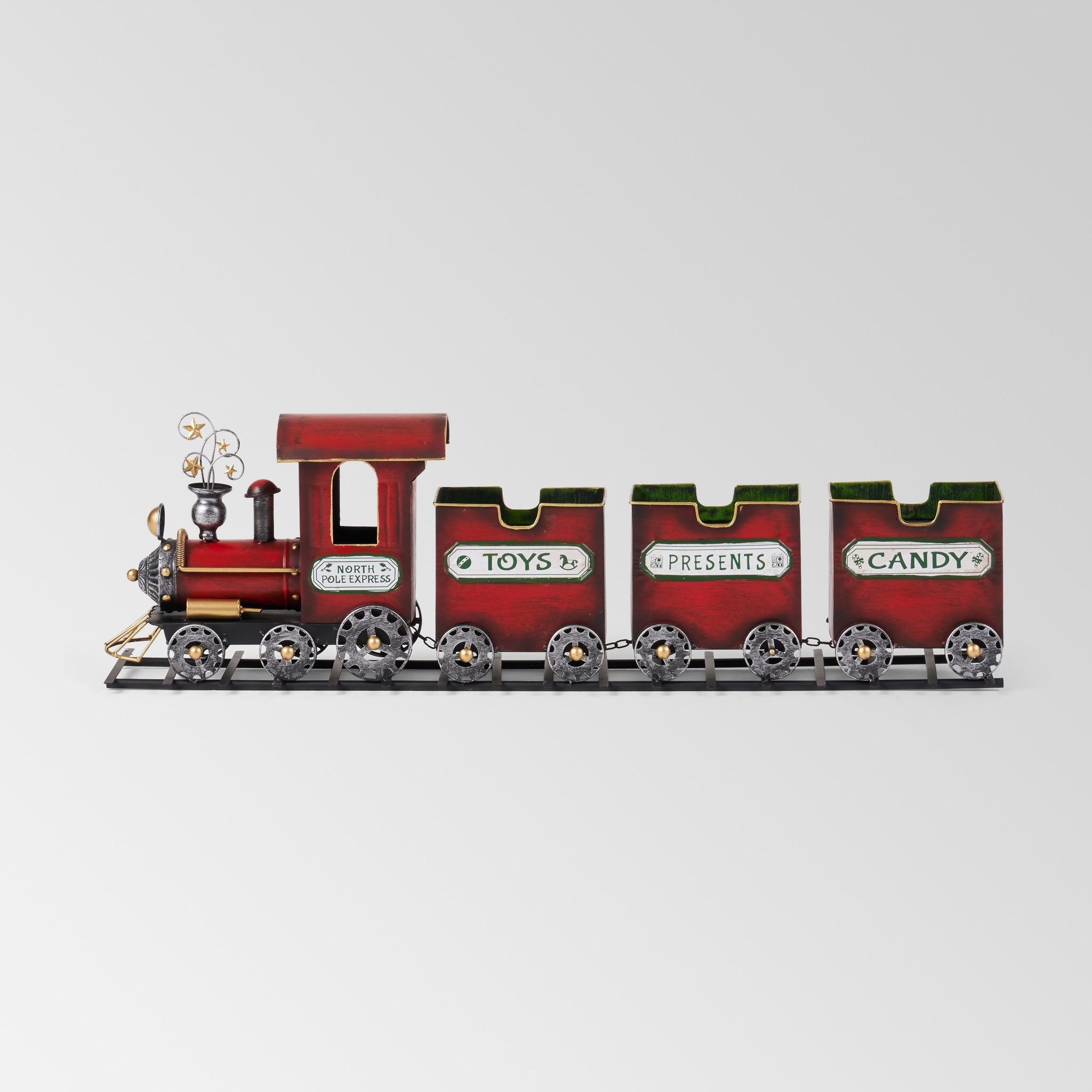 Dark Red Metal Train with Three Cars Decor