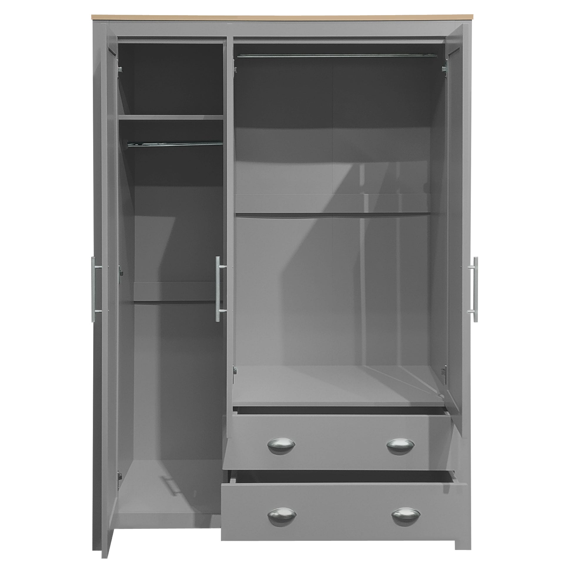 Three Door Storage Wardrobe With Cabinets And Two Hanging Rods,Gray Gray Mdf