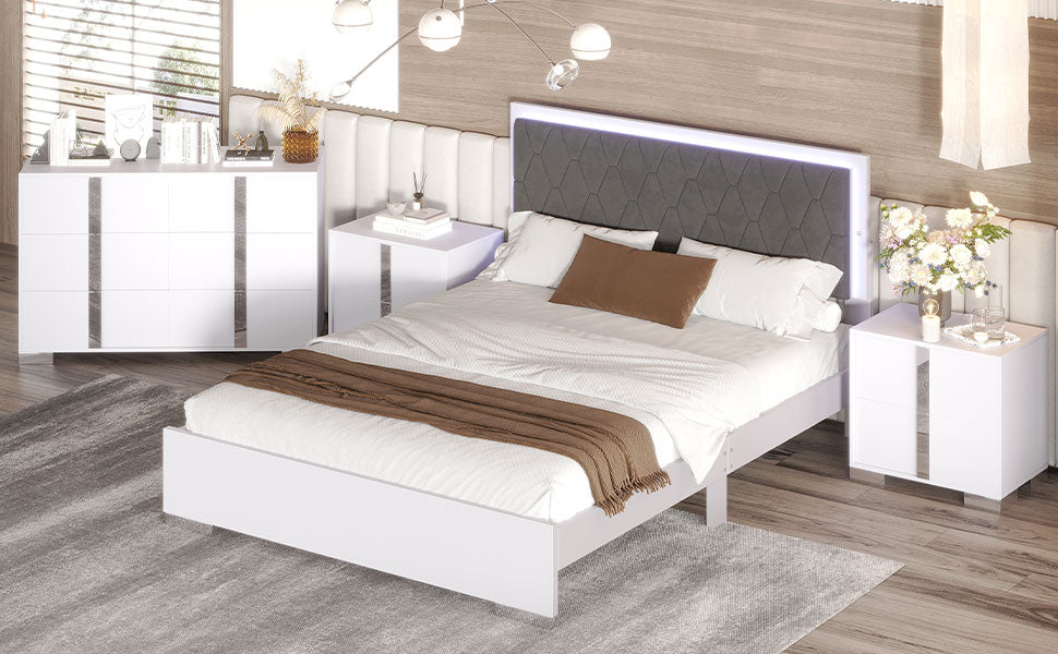 4 Pieces Bedroom Sets Queen Size Upholstered Bed With Led Lights, Mirrored Nightstands And Dresser With Metal Handles And Legs,White Queen White 4 Piece Set Solid Wood Mdf