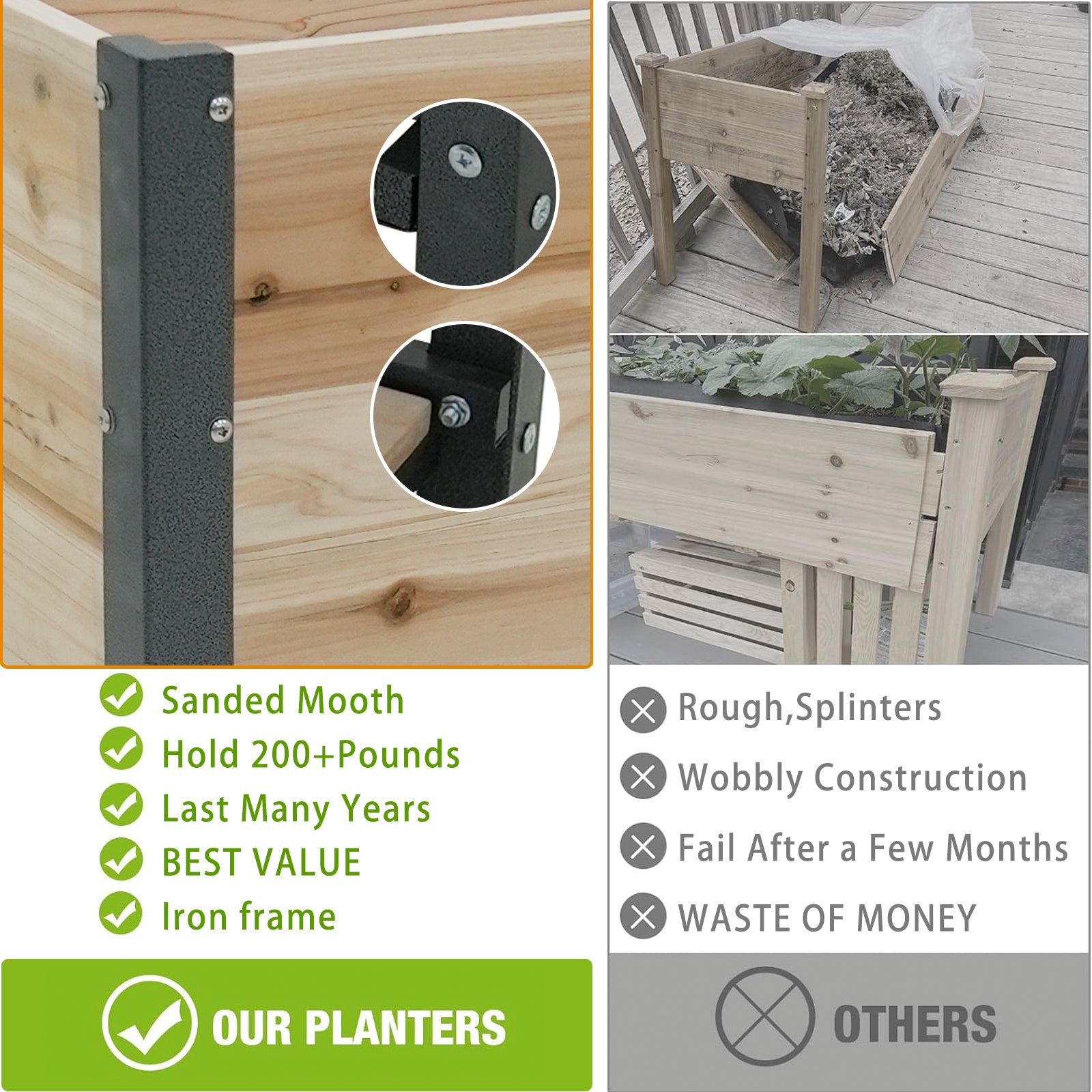 Style: 45" Iron Wood Combined Growing Beds With Feet And Storage Racks. Suitable For Various Places Such As Gardens, Backyards, Terraces, Balconies, Etc. Natural Solid Wood