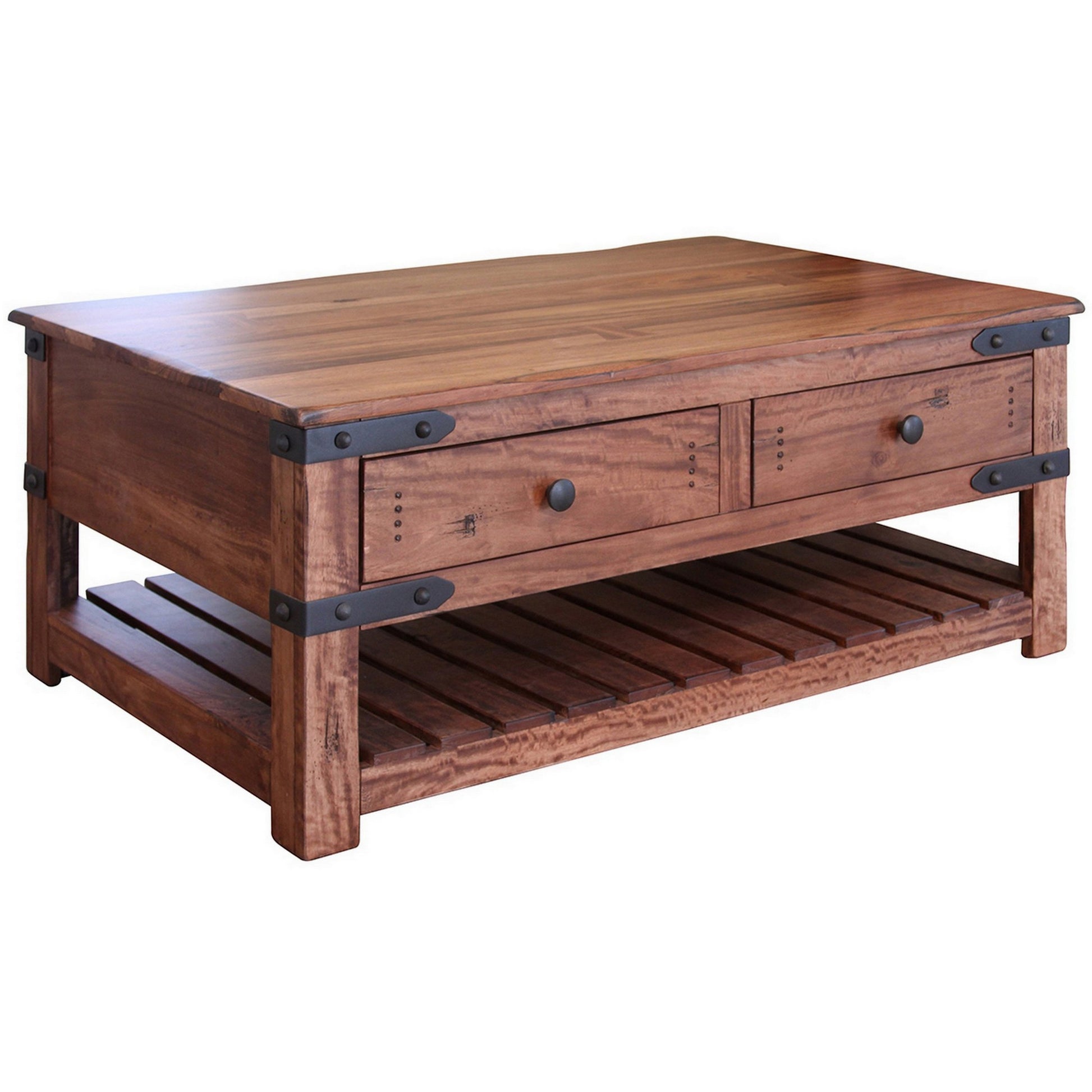 Umey 50 Inch 4 Drawer Coffee Table, Slatted Bottom Shelf, Brown Solid Wood Brown Black Solid Wood