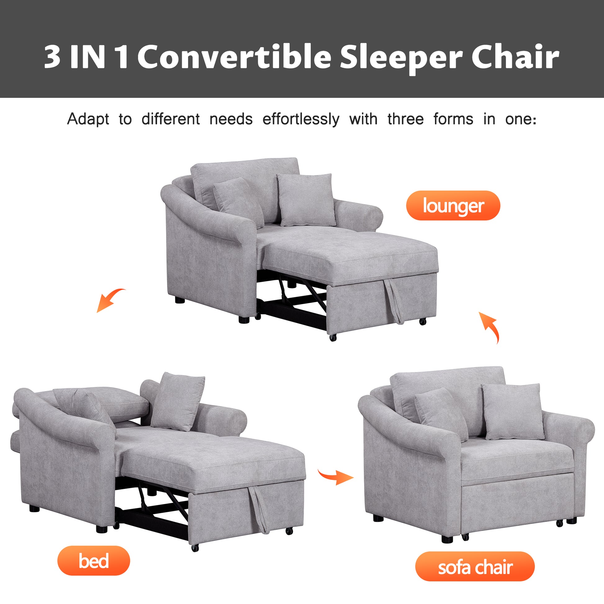 Chenille Convertible Sleeper Chair With Adjustable Backrest, 3 In 1 Lounger Chair Turns Into Bed, Single Bed For Living Room, Gray Gray Chenille