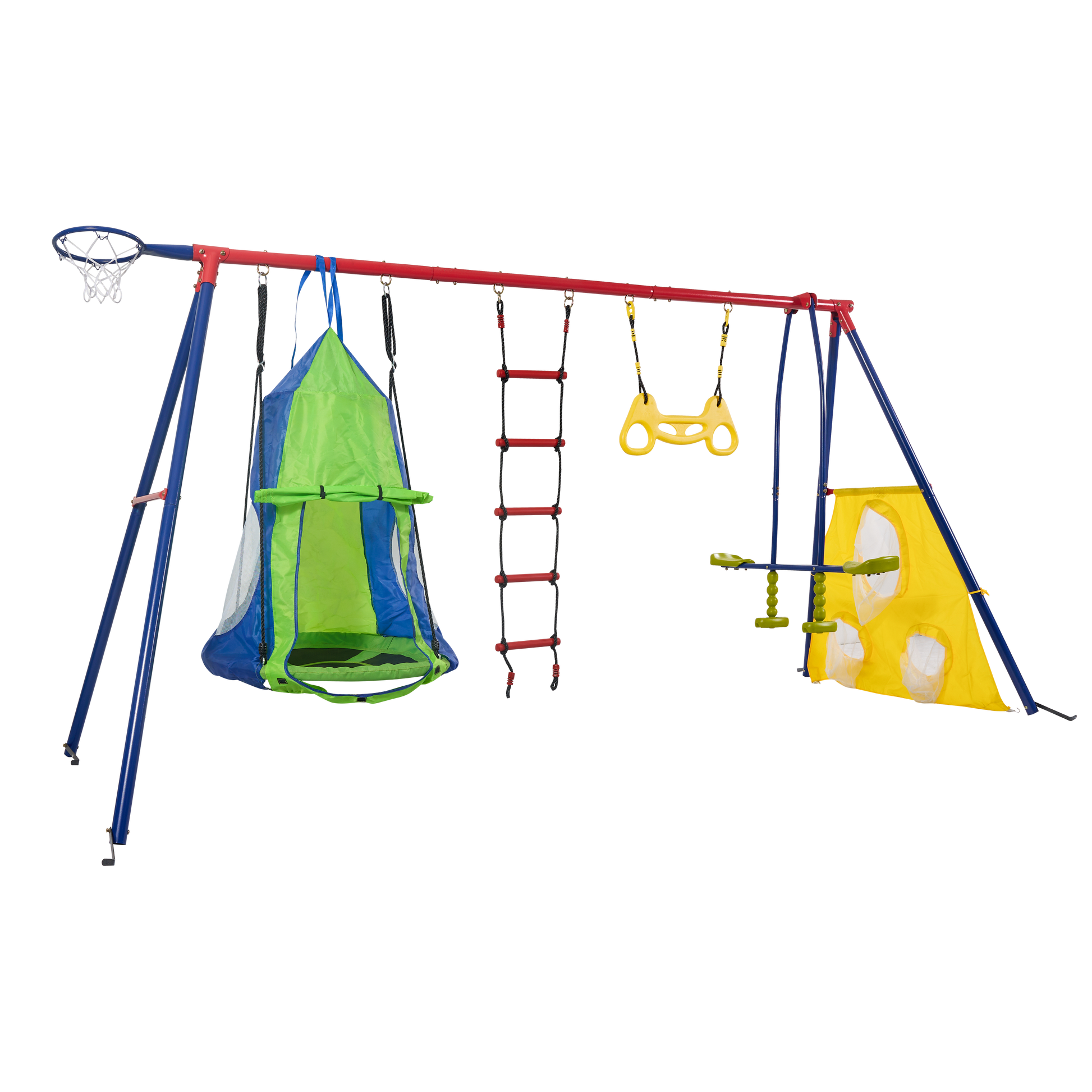 Xns092 Rinbow Colour Interesting Four Function Swingset With Net Swing And Face To Face Metal Plastic Safe Swing Seat 550Lbs For Outdoor Playground For Age 3 Blue Green Steel