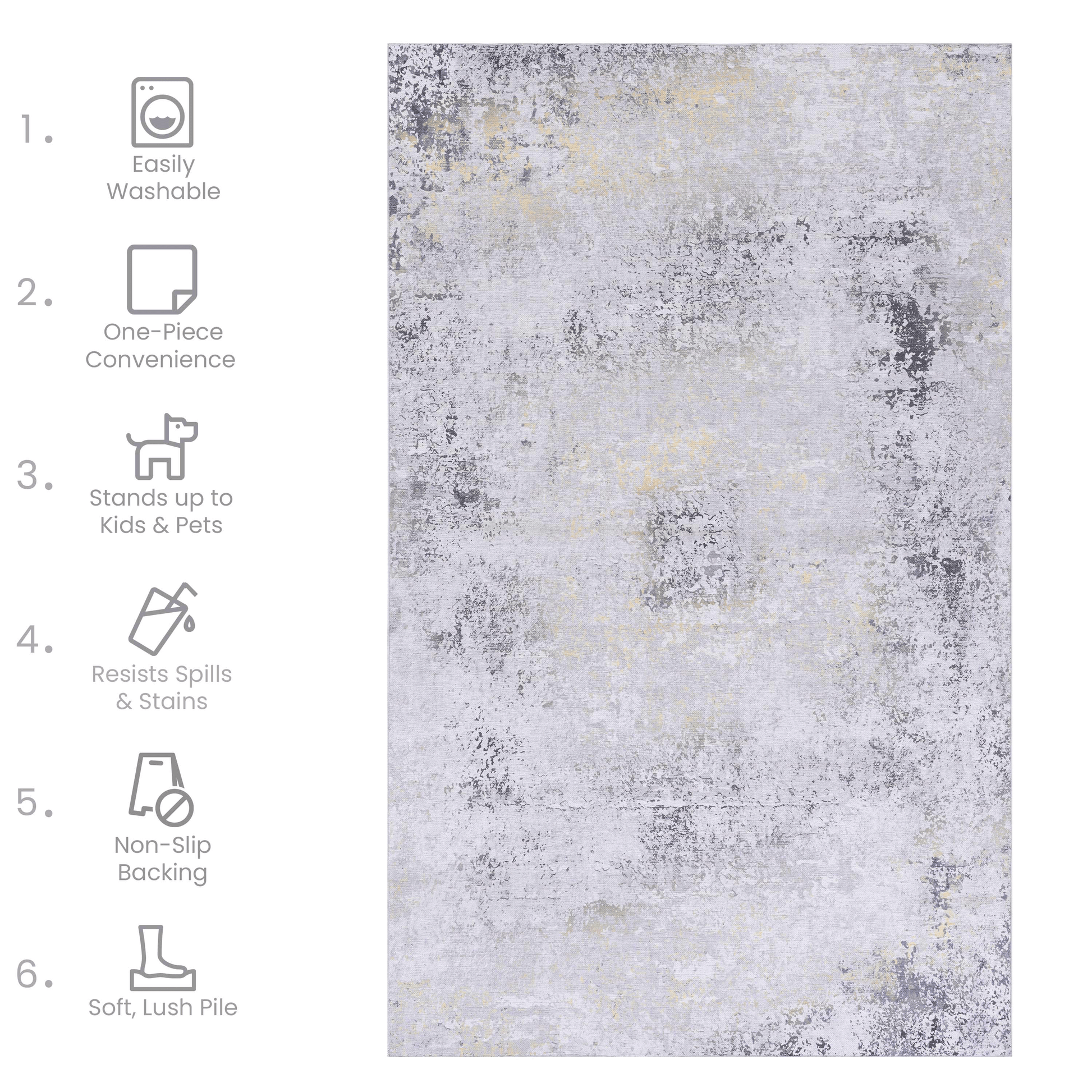 8X10 Area Rugs For Living Room, Washable Rug, Low Pile, Non Slip, Non Shedding, Foldable, Kid & Pet Friendly Area Rugs For Living Room, Bedroom, Kitchen, Dining Room Rug, Gray Gold, 8' X 10' Gray Chenille Polyester