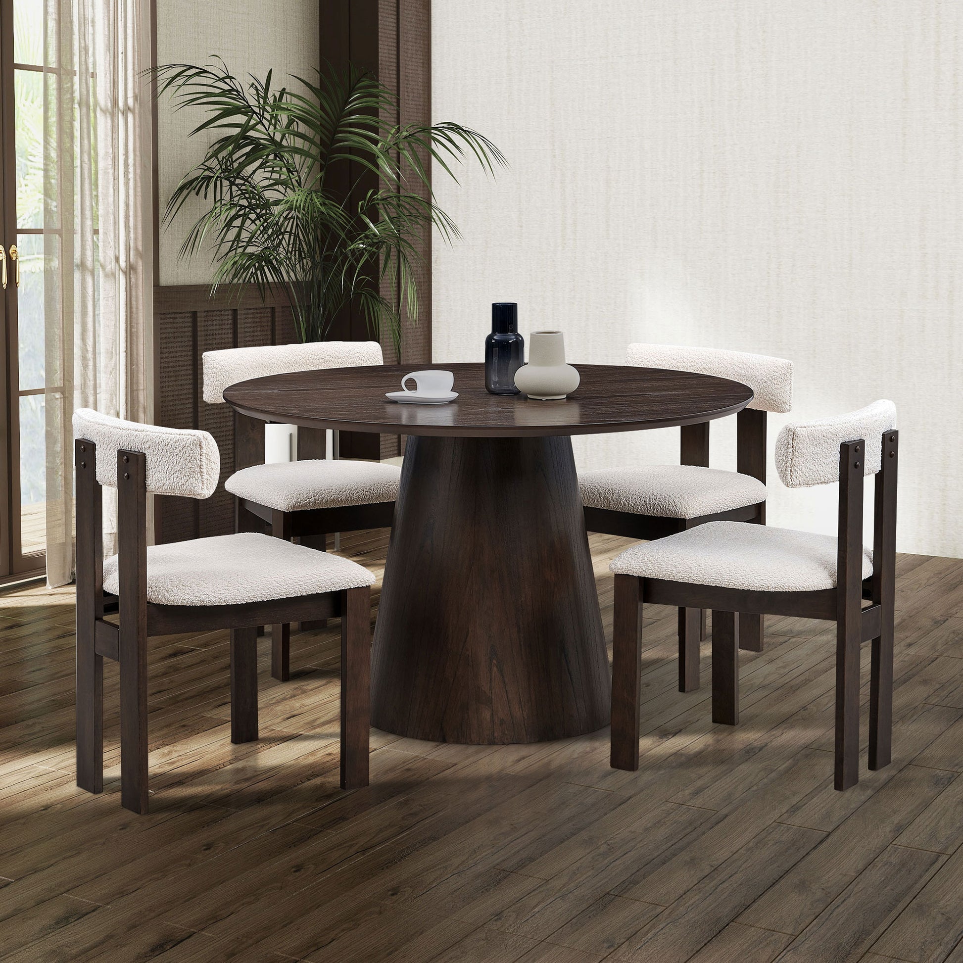 1 Table With 4 Chairs Wooden Dining Table Set, Modern Round Mdf Kitchen Table And Boucle Upholstered Dining Chairs For Dining Room, Kitchen, Saving Space, Dark Brown Dark Brown Solid Wood Mdf