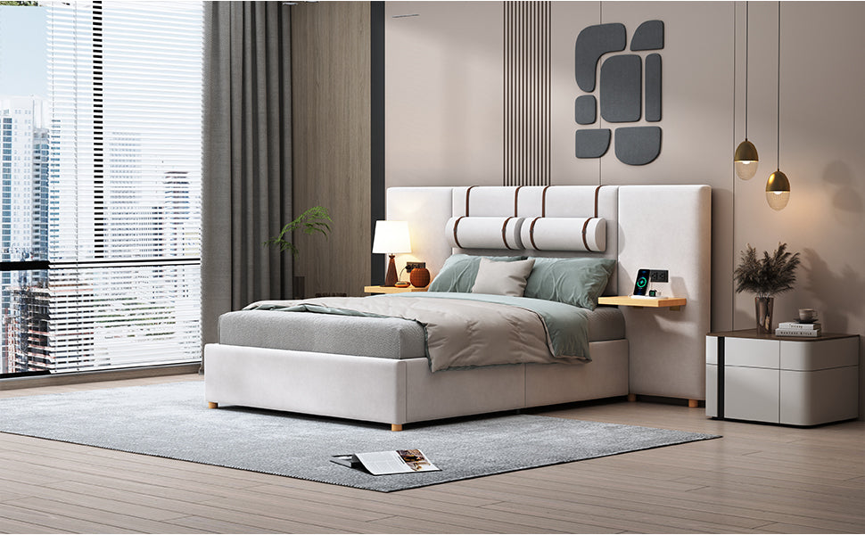 Full Size Upholstered Platform Bed, Two Outlets And Usb Charging Ports On Both Sides, Two Bedside Pillows, Storage Shelves,Velvet,Beige Full Beige Mdf Lvl