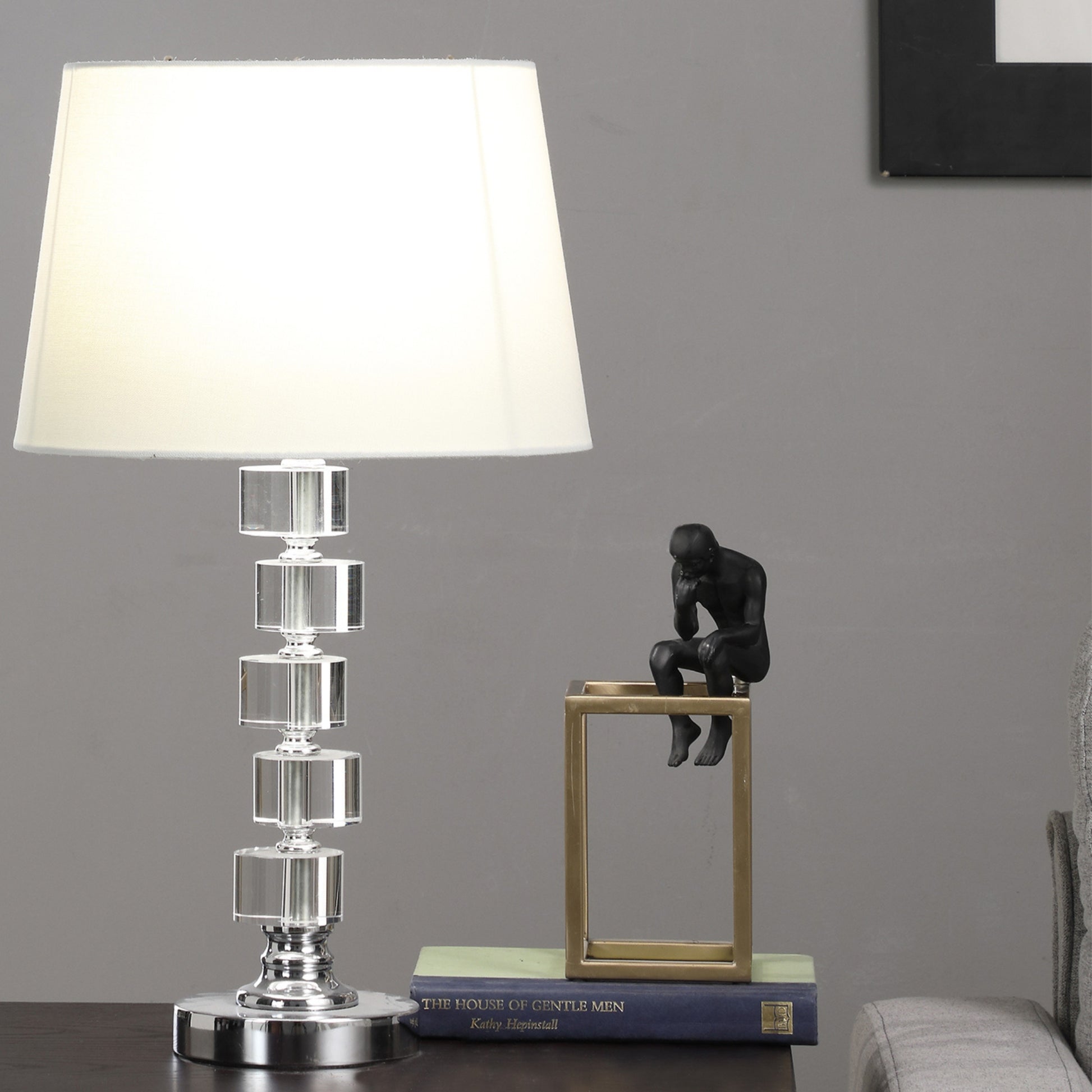 20" Crystal Round Stacked Cube Orbs Metal Table Lamp "Adelaine", White White Metal