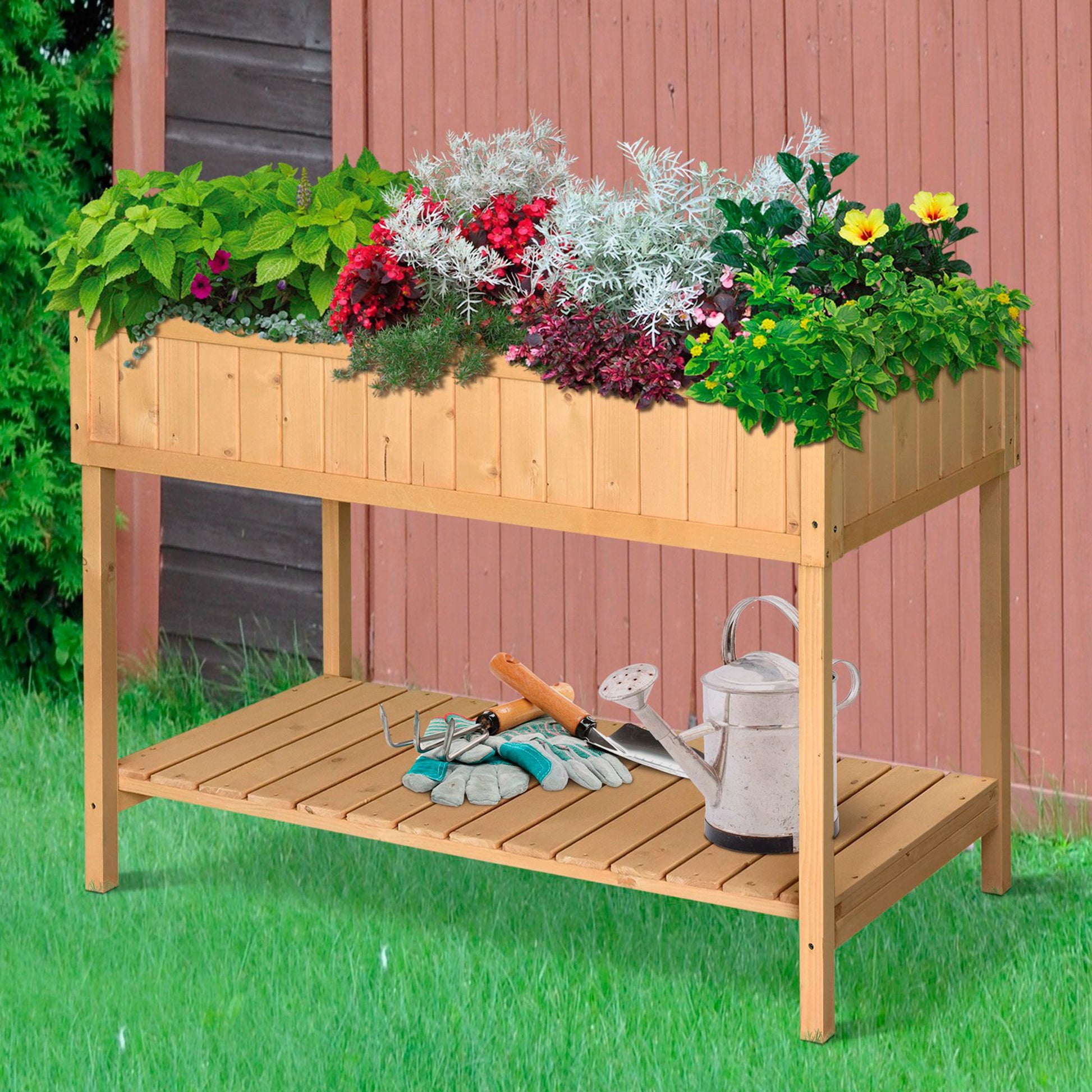 Outsunny 43X18X30In Raised Garden Bed With 8 Pockets And Shelf, Wooden Elevated Planter Box With Legs To Grow Herbs, Vegetables, And Flowers, Natural Natural Wood Wood