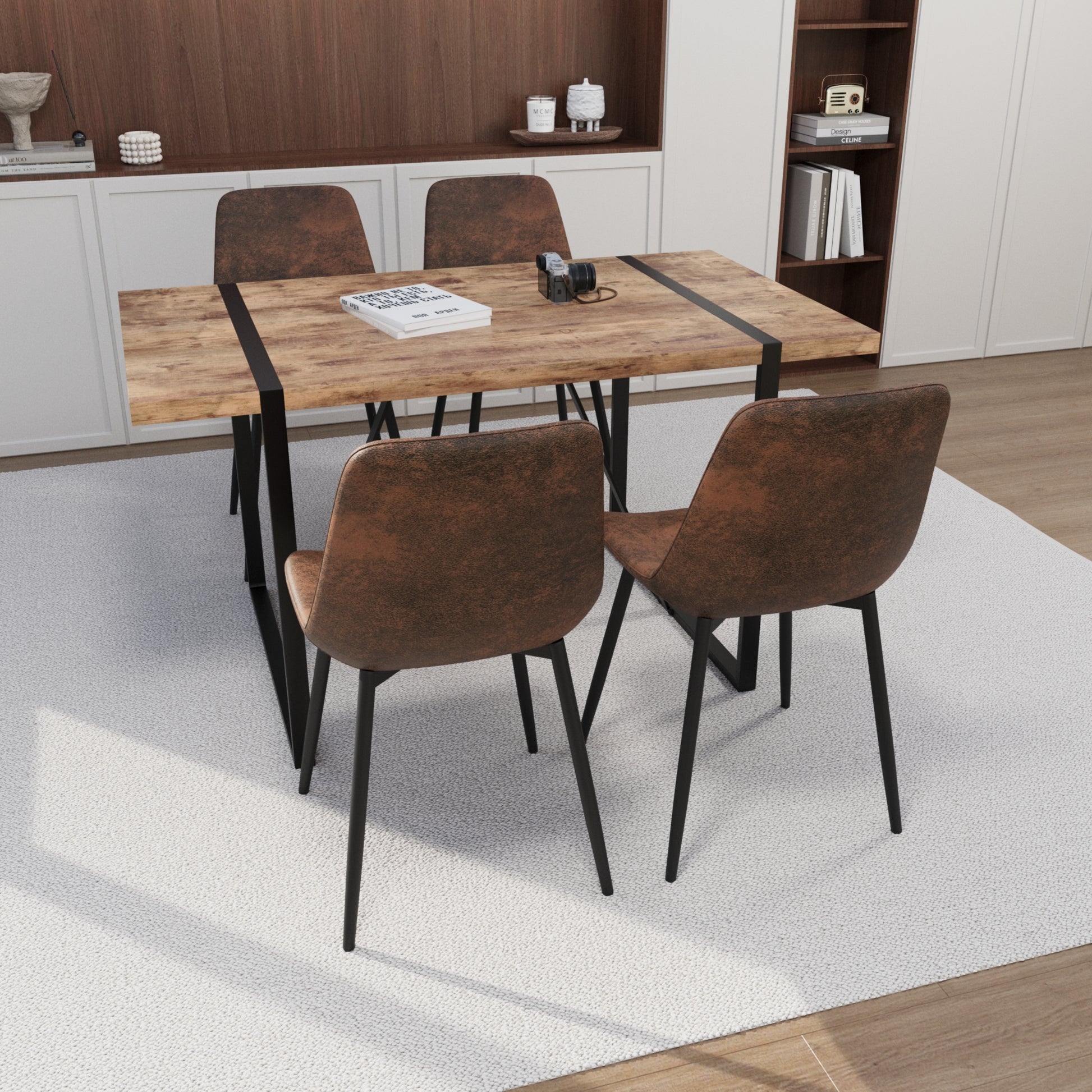 Mdf Dark Wood Dining Table And Modern Dining Chair 4 Piece Set, Medieval Wooden Kitchen Dining Table Set, Rectangular Metal Base, Dining Table And Suede Chair Wood Mdf