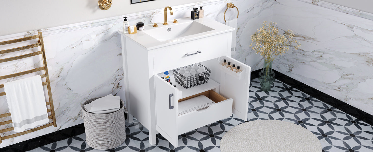 30 Inch Bathroom Vanity With Ceramic Sink And Large Storage The Perfect Choice For Small Bathrooms White Bathroom Solid Wood Mdf