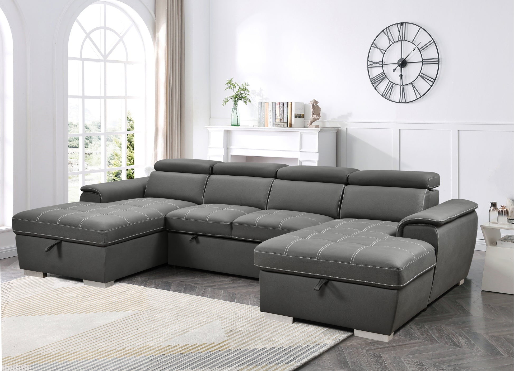 U Shaped Sleeper Sofa, 121 Inch Overisze 2 In 1 Pull Out Bed, Sectional Sleeper Sofa With Double Storage Chaise For Living Room Furniture, Charcoal Grey Light Brown Wood Primary Living Space Medium Duty Eucalyptus 6 Seat Charcoal Grey Polyester Soft