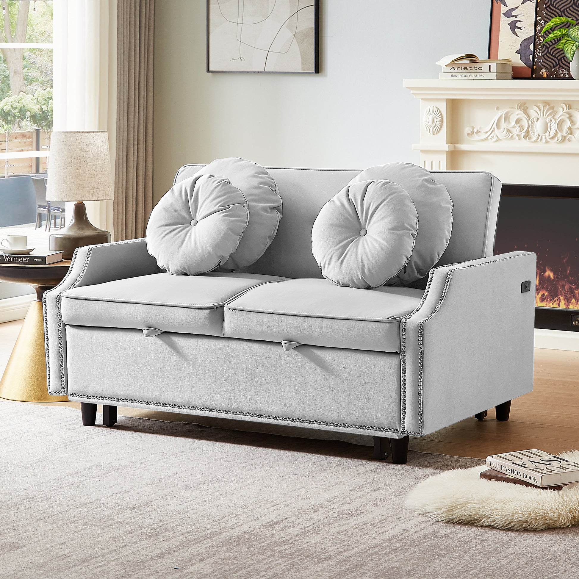 54.7" Multiple Adjustable Positions Sofa Bed Stylish Sofa Bed With A Button Tufted Backrest, Two Usb Ports And Four Floral Lumbar Pillows For Living Room, Bedroom,Or Small Space, Light Grey Light Grey Foam Polyester 2 Seat