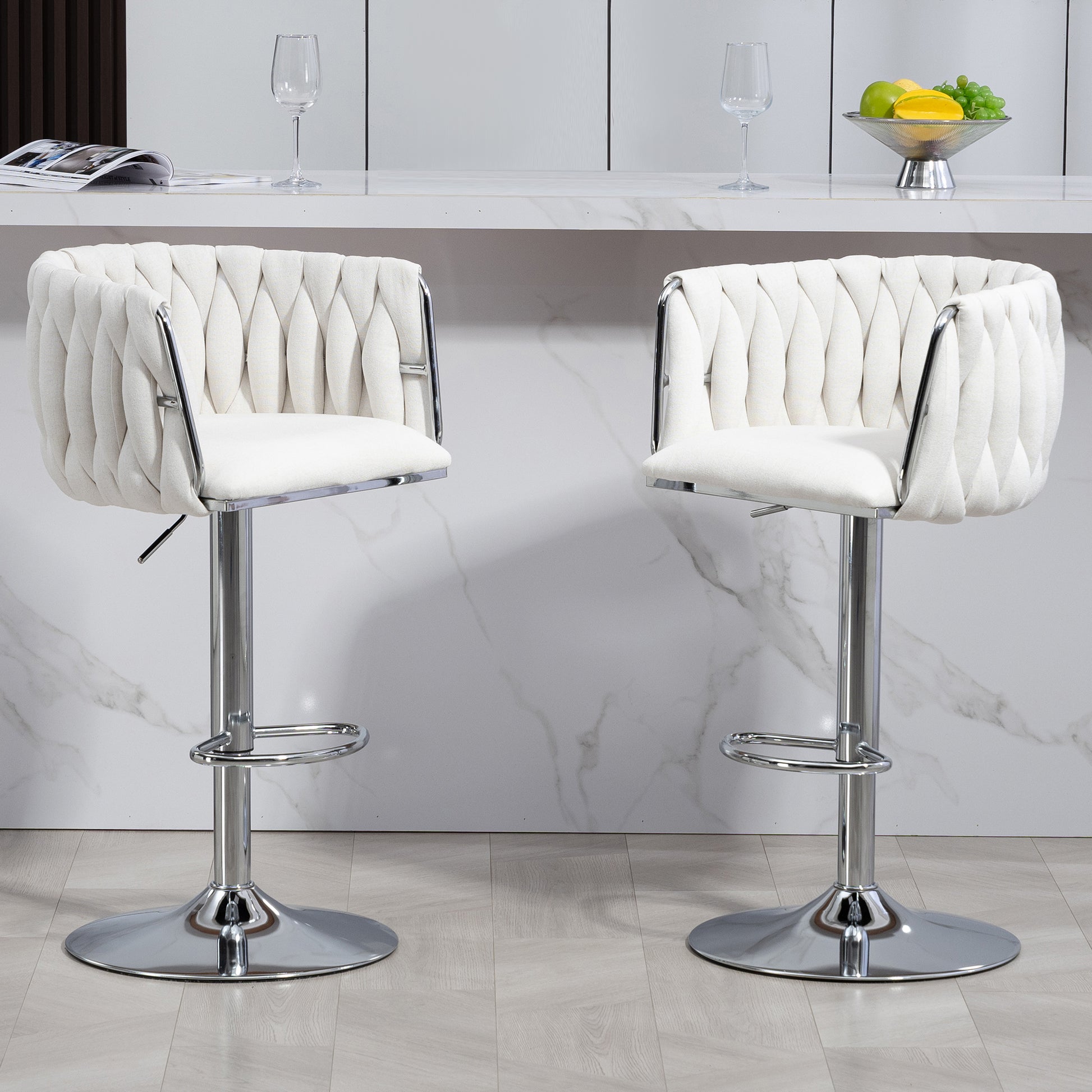 360 Fabric Cover Swivel Bar Stools Set Of 2, Adjustable Counter Height Bar Chairs With Woven Back & Footrest,Silver Chromed Bar Stools For Kitchen Island, Cafe, Pub Beige Beige Kitchen Modern Foam Fabric