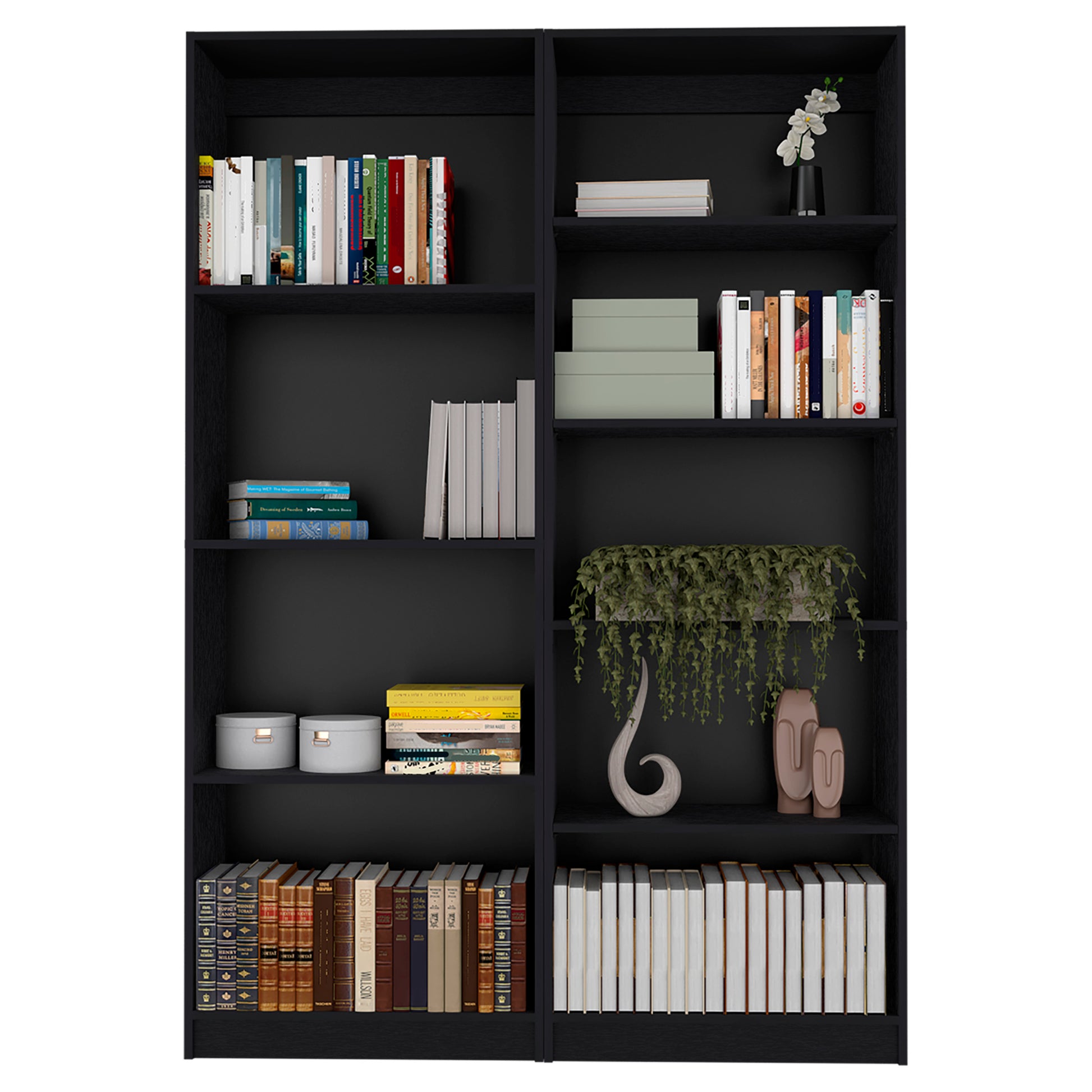 2 Piece Bookcase Living Room Set, Storage Cabinet, 49" Wide And 9 Shelves Matt Gray White 5 Or More Shelves Black Bedroom Modern Particle Board