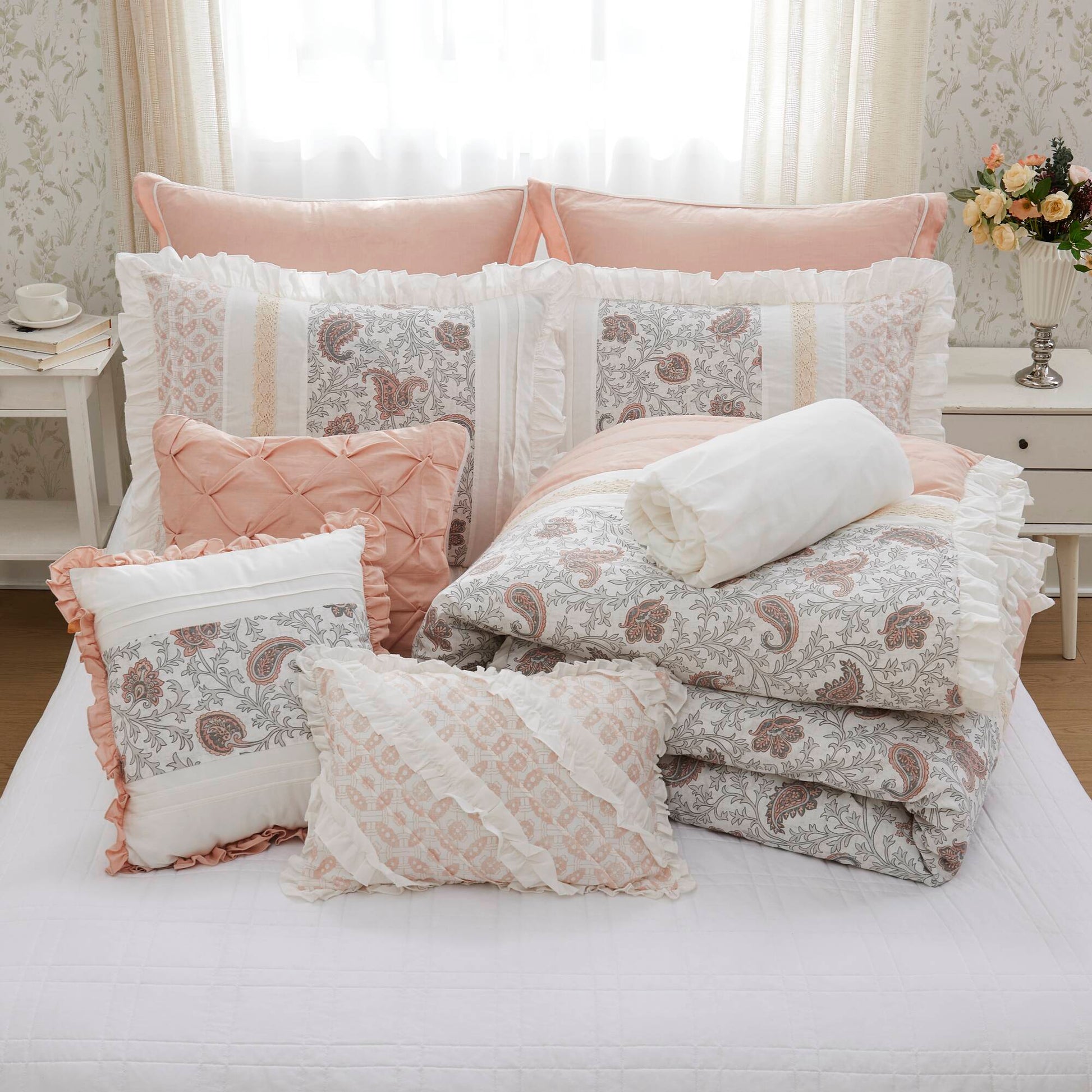 9 Piece Cotton Percale Comforter Set Blush King King Blush Polyester