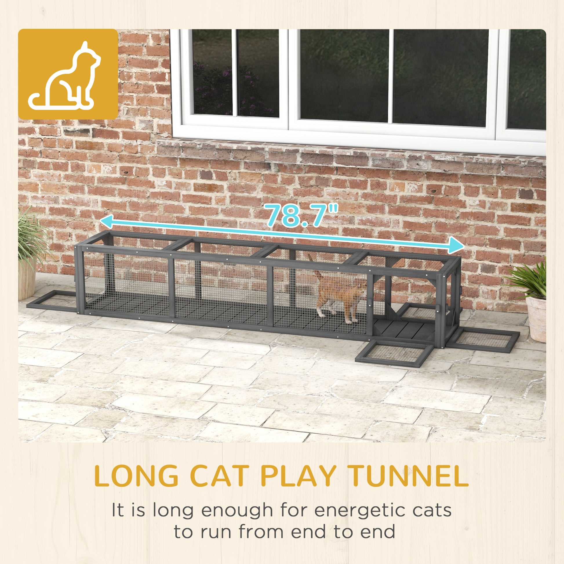 Pawhut Outdoor Cat Tunnel With Extendable Design, 79" L Wooden Cat Run With Weather Protection, Connecting Inside And Outside, For Deck Patios, Balconies, Dark Gray Grey Black Wood