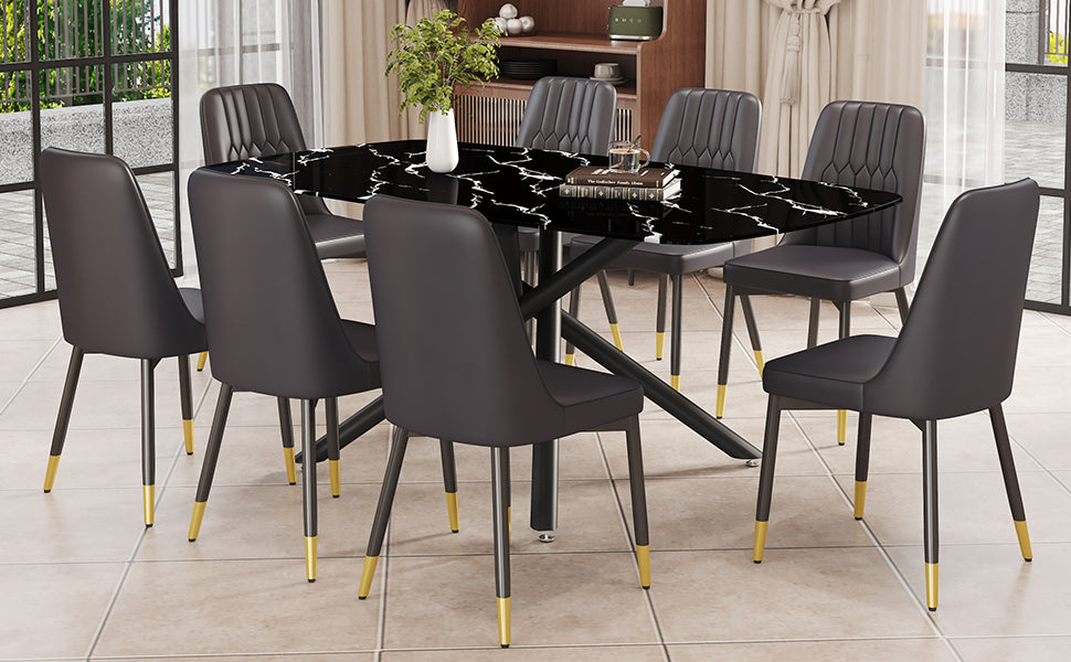 1 Table And 8 Chairs Set.A Rectangular Dining Table With A Imitation Marble Black Table Top And Black Metal Legs.Paired With 8 Chairs With Pu Leather Seat Cushion And Black Metal Legs.F 1537,C 007 Black Glass Metal