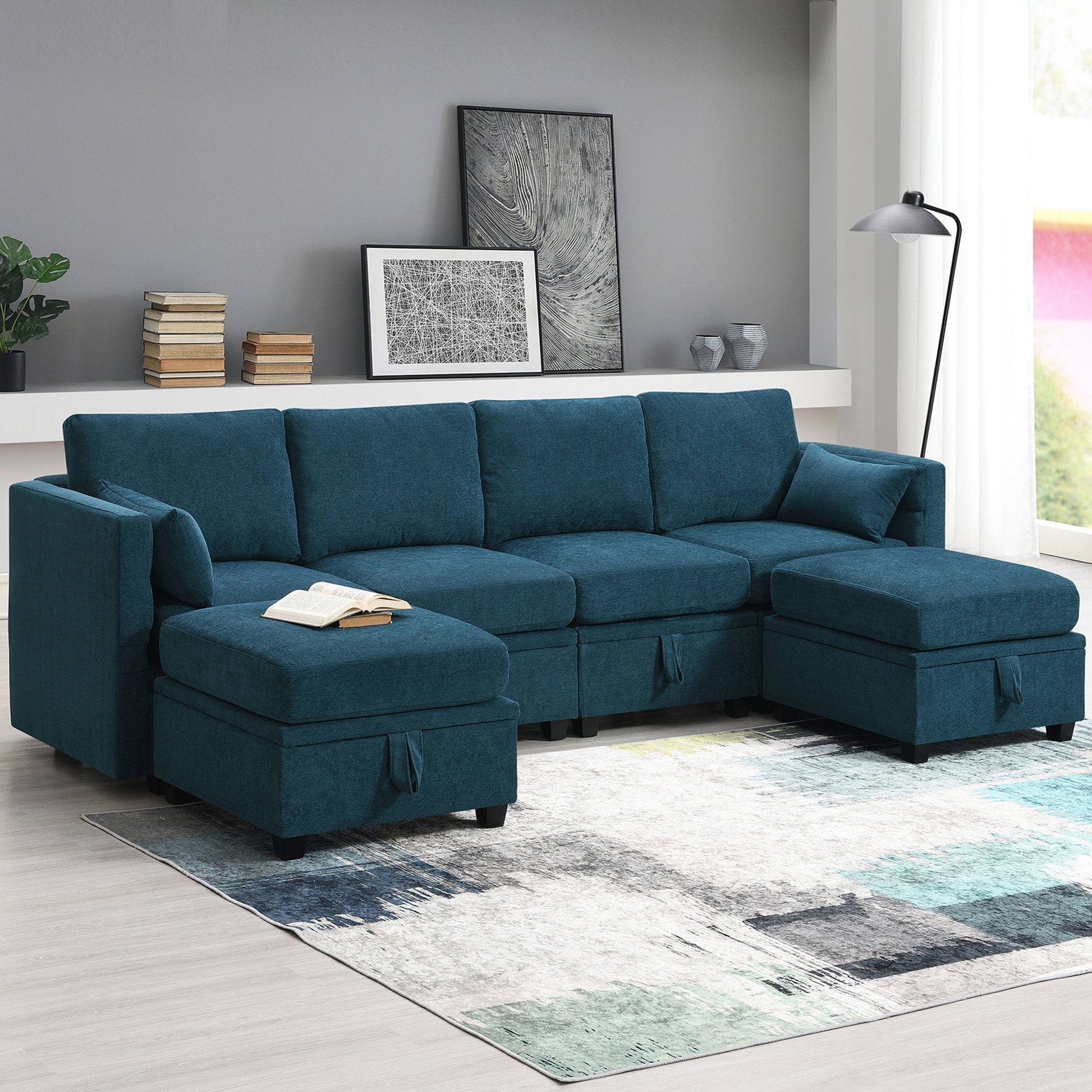 109*54.7" Chenille Modular Sectional Sofa,U Shaped Couch With Adjustable Armrests And Backrests,6 Seat Reversible Sofa Bed With Storage Seats For Living Room, Apartment,2 Colors Blue Chenille 6 Seat