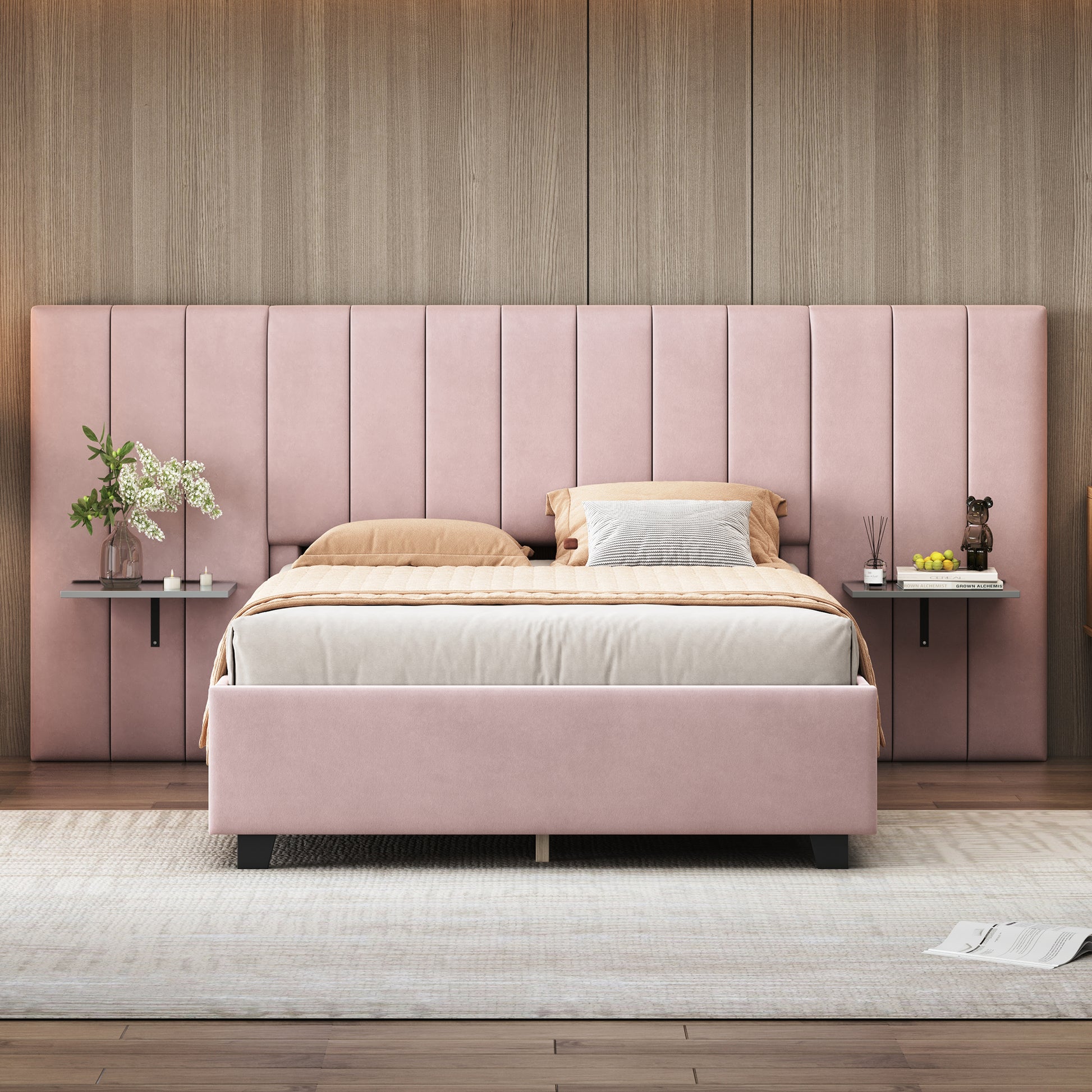Full Size Upholstered Platform Bed With Big Headboard, Bedroom Furnitu