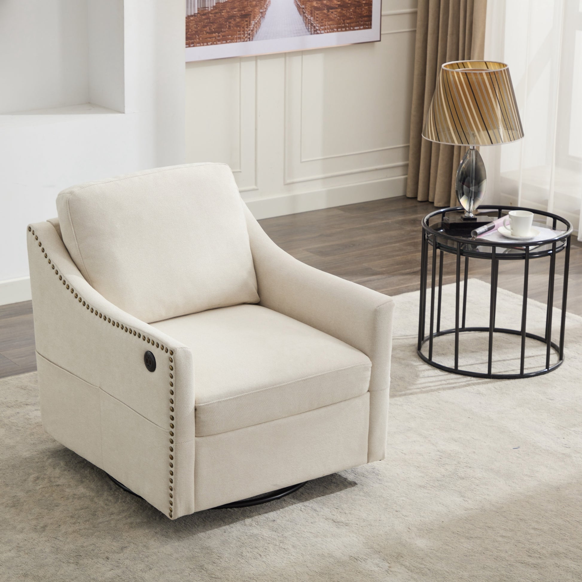 Cream White Fabric Swivel Rotating Accent Chair With Usb And Magazine Book For Living Room And Hotel Bed Room Cream White White Primary Living Space American Design,Classic,Modern Pine Foam Wood Fabric