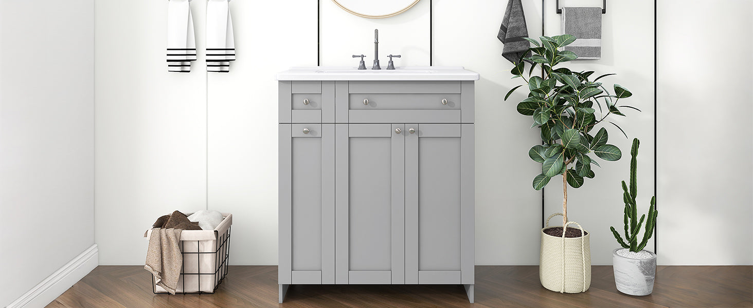 30 Inch Grey Bathroom Vanity With Ceramic Sink Combo, Abundant Storage Cabinet 2 Soft Close Doors And Double Tier Deep Drawer Grey Bathroom Mdf