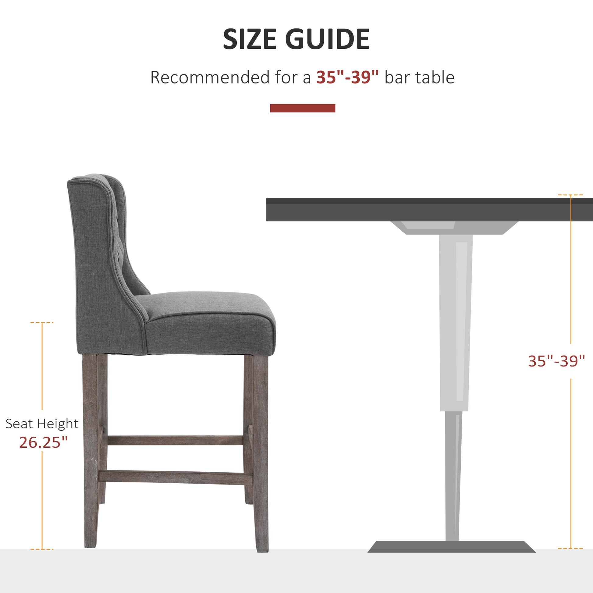 Homcom 26.25" Counter Height Bar Stools, Tufted Wingback Armless Upholstered Dining Chair With Rubber Wood Legs, Set Of 2, Gray Gray Wood