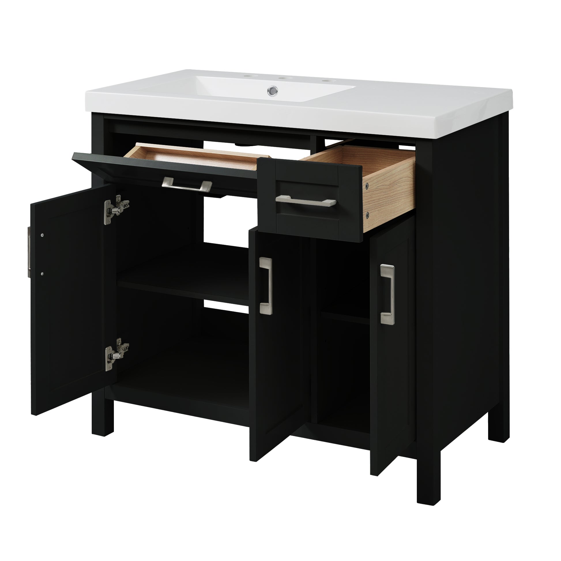 36" Black Bathroom Vanity Cabinet With Resin Integrated Sink 2 Drawers, 3 Doors Black Bathroom Solid Wood Mdf Resin