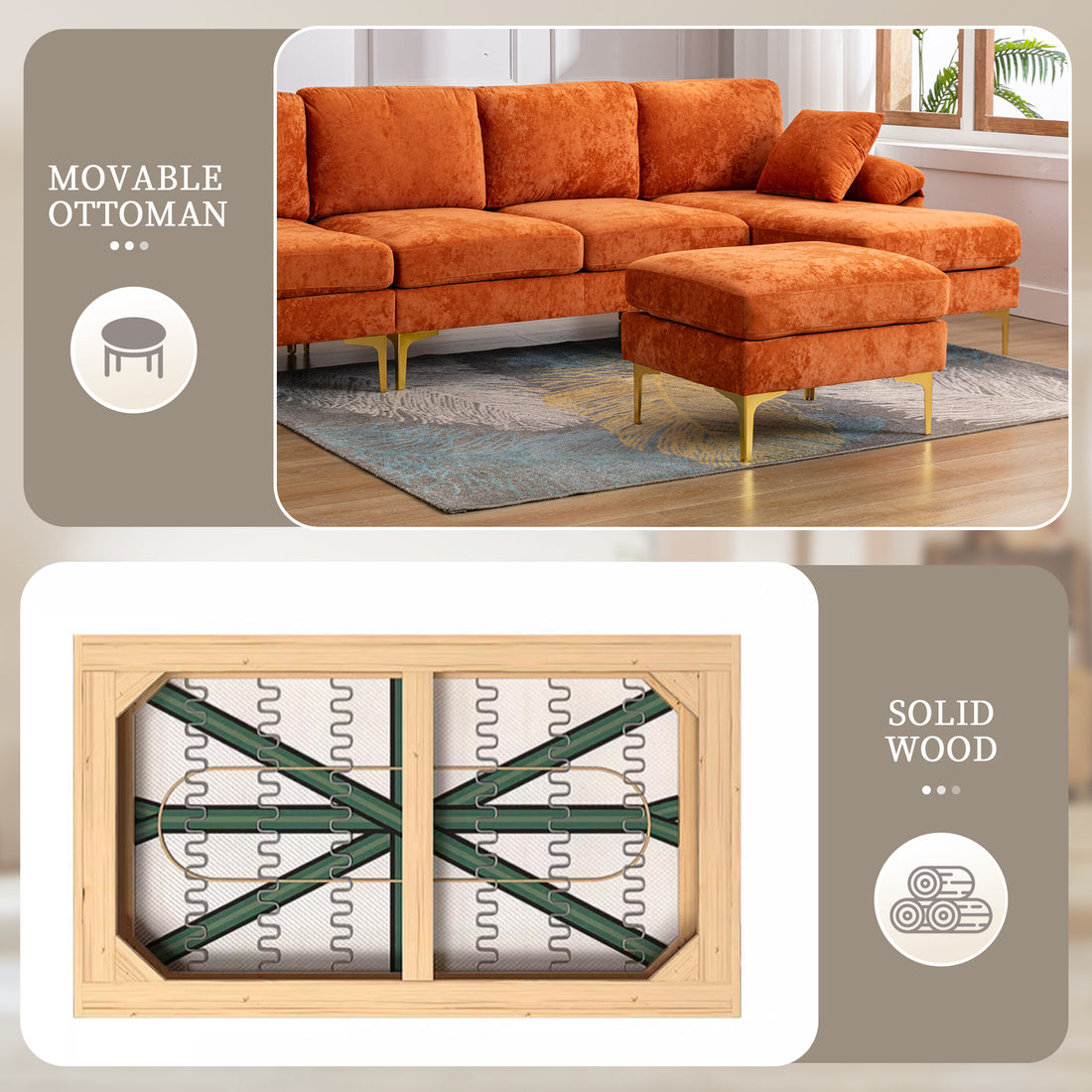 Coolmore U Shape Sectional Sofa With Ottomanreversible Sofa Couch For Living Room,Spacious Furniture,Durable Couch Removable And Machine Washable Cover Orange Velvet Orange Primary Living Space Foam Velvet 4 Seat