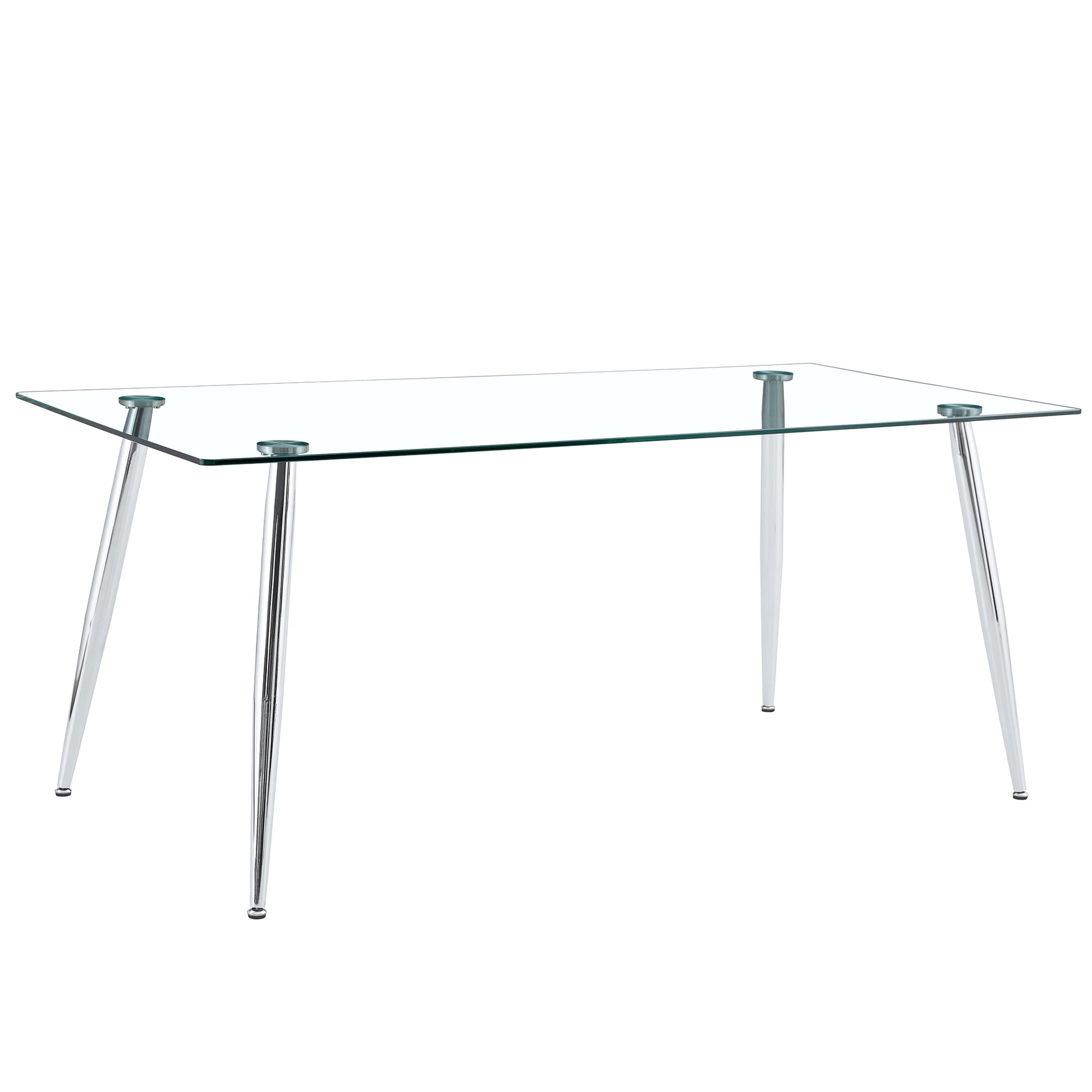 Table And Chair Set.Modern Rectangular Glass Dining Table With Tempered Glass Countertop And Silver Metal Legs, Paired With Multiple Transparent High Quality Pet Dining Chairs With Silver Legs. Silver Seats 6 Tempered Glass