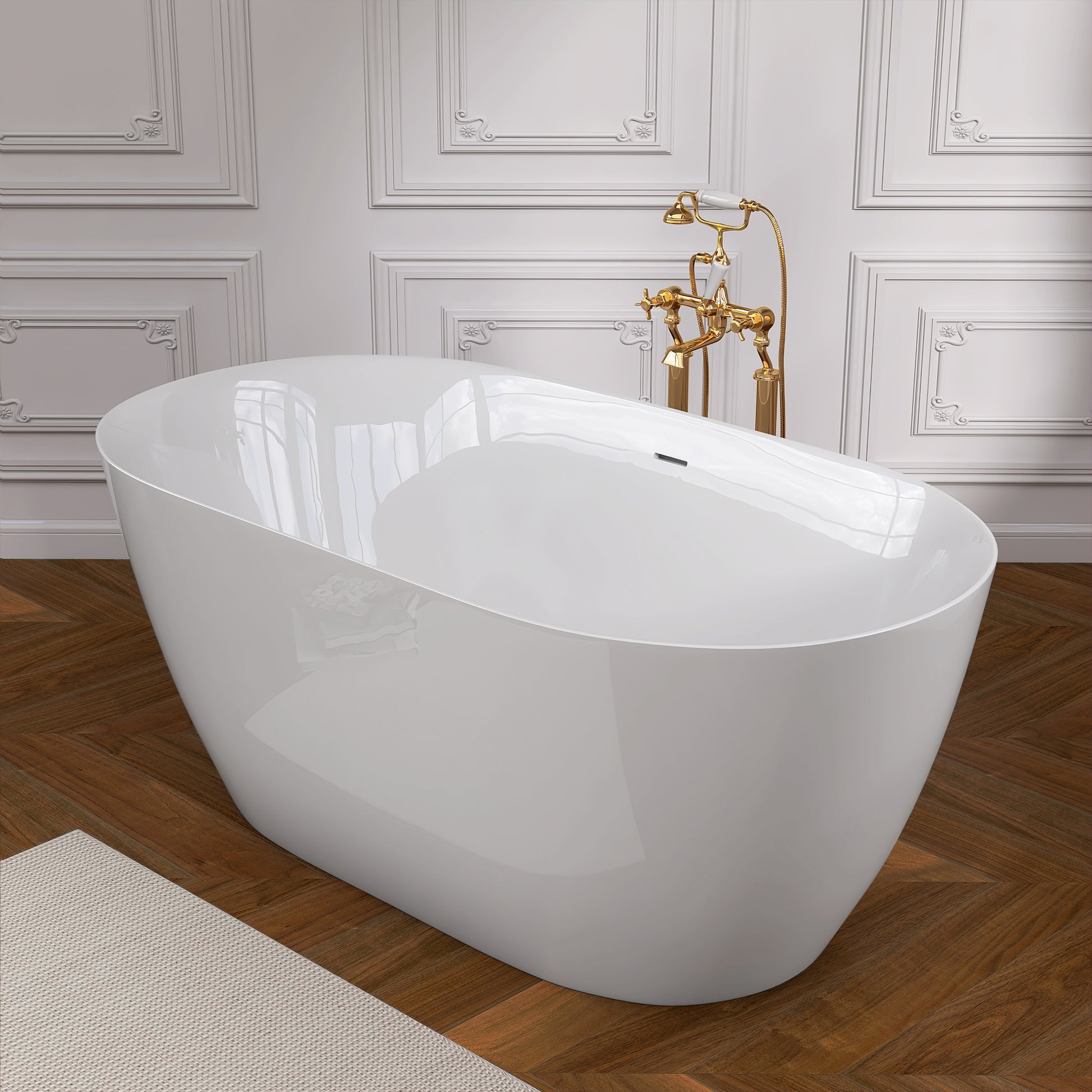 55 Inch Acrylic Freestanding Bathtub Contemporary Soaking White Tub With Overflow And Pop Up Drain Gloss White Gloss White Oval Bathroom Freestanding Tubs Polished Less Than 59 In Contemporary,Modern Soaking Center Fiberglass Acrylic