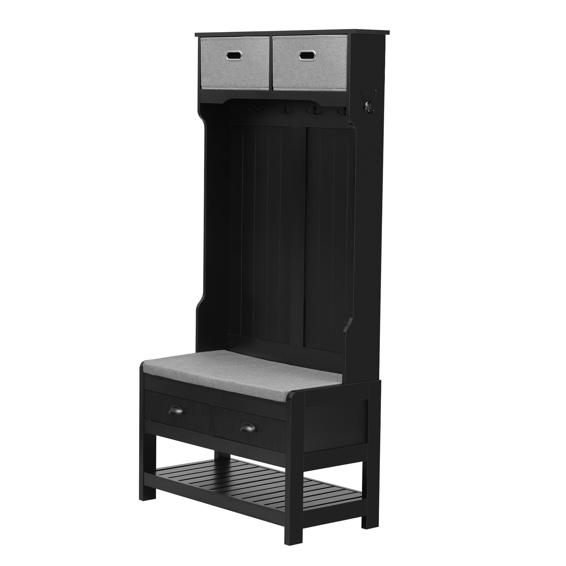 Hall Tree With 6 Hooks And Hinged Lid, Coat Hanger, Entryway Bench, Storage Bench, 3 In 1 Design, 69Inch, For Entrance, Hallway Black Mdf