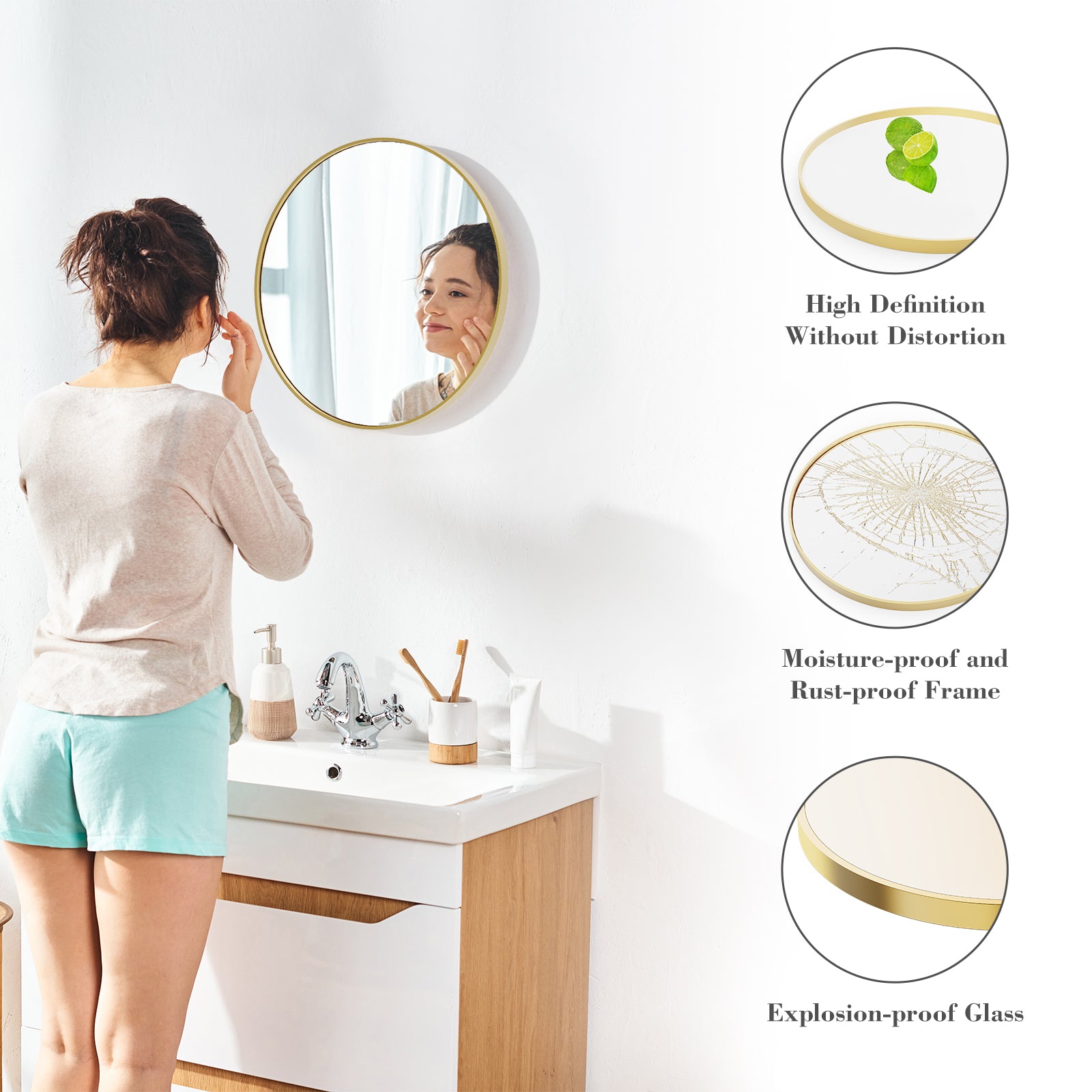 Gold Round Wall Mirror, Bathroom Mirrors For Over Sink, Circle Mirror For Bathroom, Entryway, Bedroom, Vanity 20 Inch Gold Fiberglass