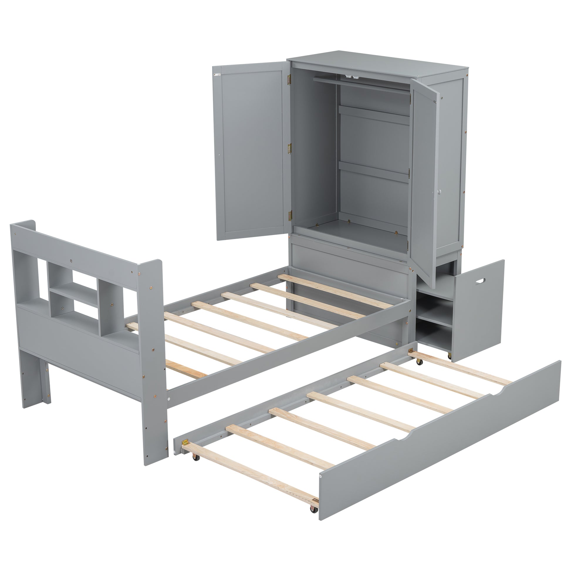 Twin Size Platform Bed With Storage Headboard And Footboard, Pull Out Shelves And Twin Size Trundle, Gray Box Spring Not Required Twin Gray Wood Bedroom Bed Frame Solid Wood Mdf