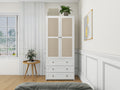 2 Door Wardrobe With 3 Drawers High Wardrobe Armoire With 2 Rattan Door For Living Room, Bedroom Organizer White Particle Board Mdf