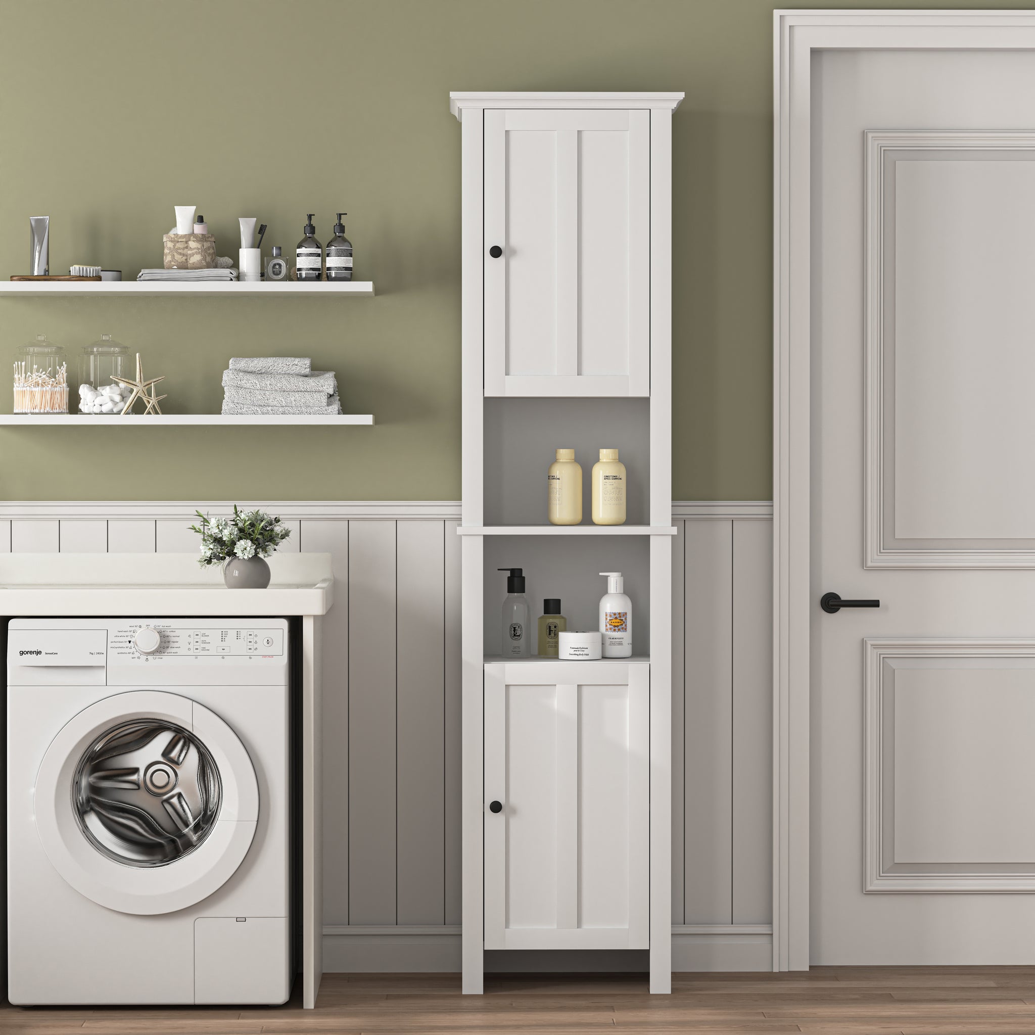 Bathroom Floor Storage Cabinet With 2 Doors Living Room Wooden Cabinet With 6 Shelves 15.75 X 11.81 X 66.93 Inch White Mdf