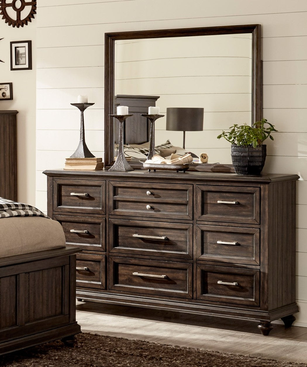 Solid Transitional Style Bedroom 1Pc Dresser Of 9 Drawers Driftwood Charcoal Finish Wooden Furniture Traditional Framing Driftwood Bedroom Transitional Wood