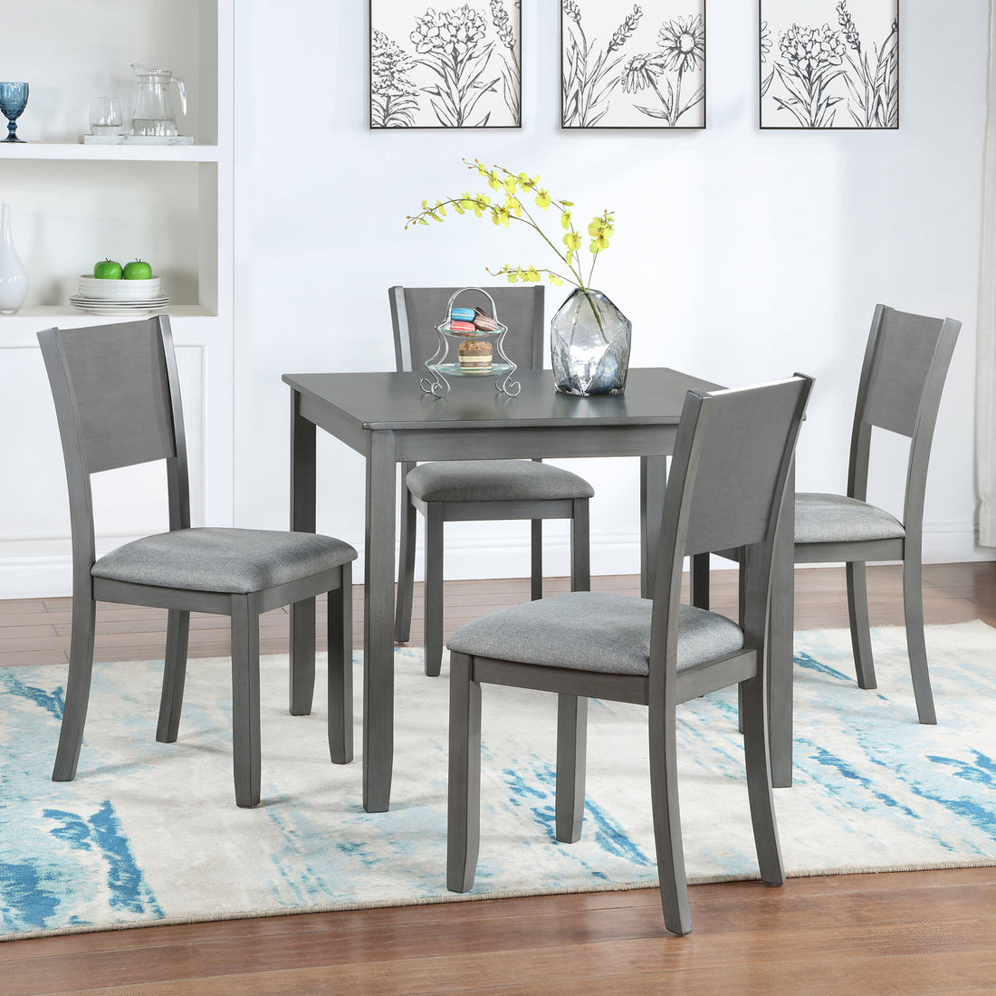 5 Piece Modern Dining Set, Square Wooden Dining Table With 4 Upholstered Chairs For Kitchen, Dining Room, Gray Wood Gray Seats 4 Gray Wood Dining Room Acacia 4 Leg Square Dining Table With Chair Acacia Wood