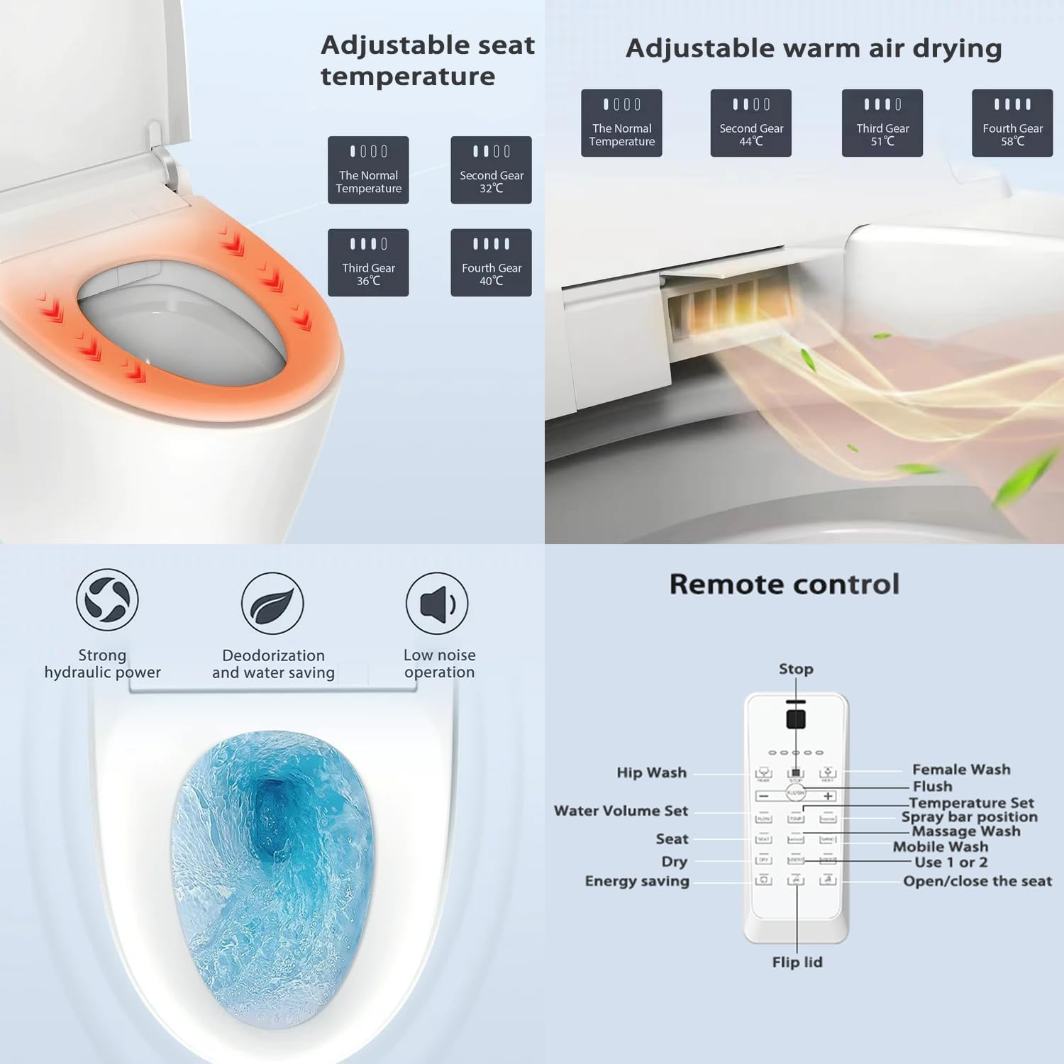 Smart Toilet Bidet Combo With Foot Sensor Open Cover Seat, Led Display, Self Cleaning Nozzle, Heated Seat, Night Light, Knob Control, Power Outage Flushing, Soft Close, Auto Flush, With Remote Control White Ceramic