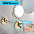 8 Inch Led Wall Mount Two Sided Magnifying Makeup Vanity Mirror 12 Inch Extension Gold Finish 1X 3X Magnification Plug 360 Degree Rotation Waterproof Button Shaving Mirror Brushed Gold Stainless Steel