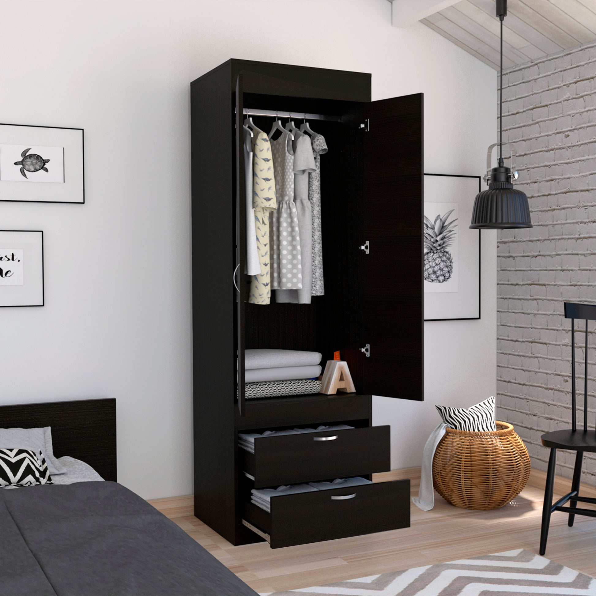 Lisboa Armoire, Rod, Double Door, Two Drawers, Metal Handles Black Particle Board Engineered Wood