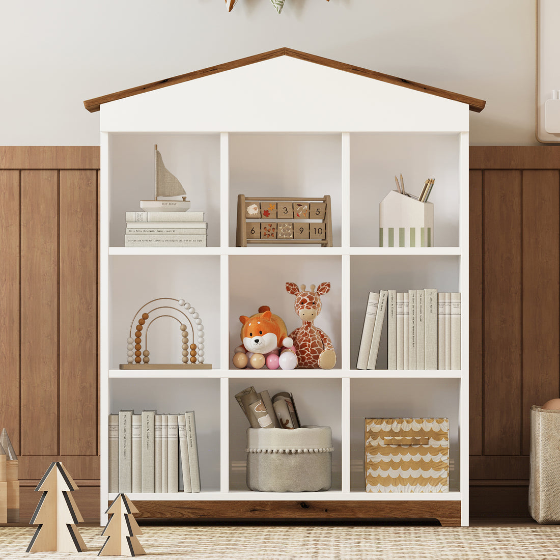 House Shaped Storage Rack With Nine Storage Compartments, Three Layer Bookshelf With Colorblock Design, White Brown Brown White Particle Board