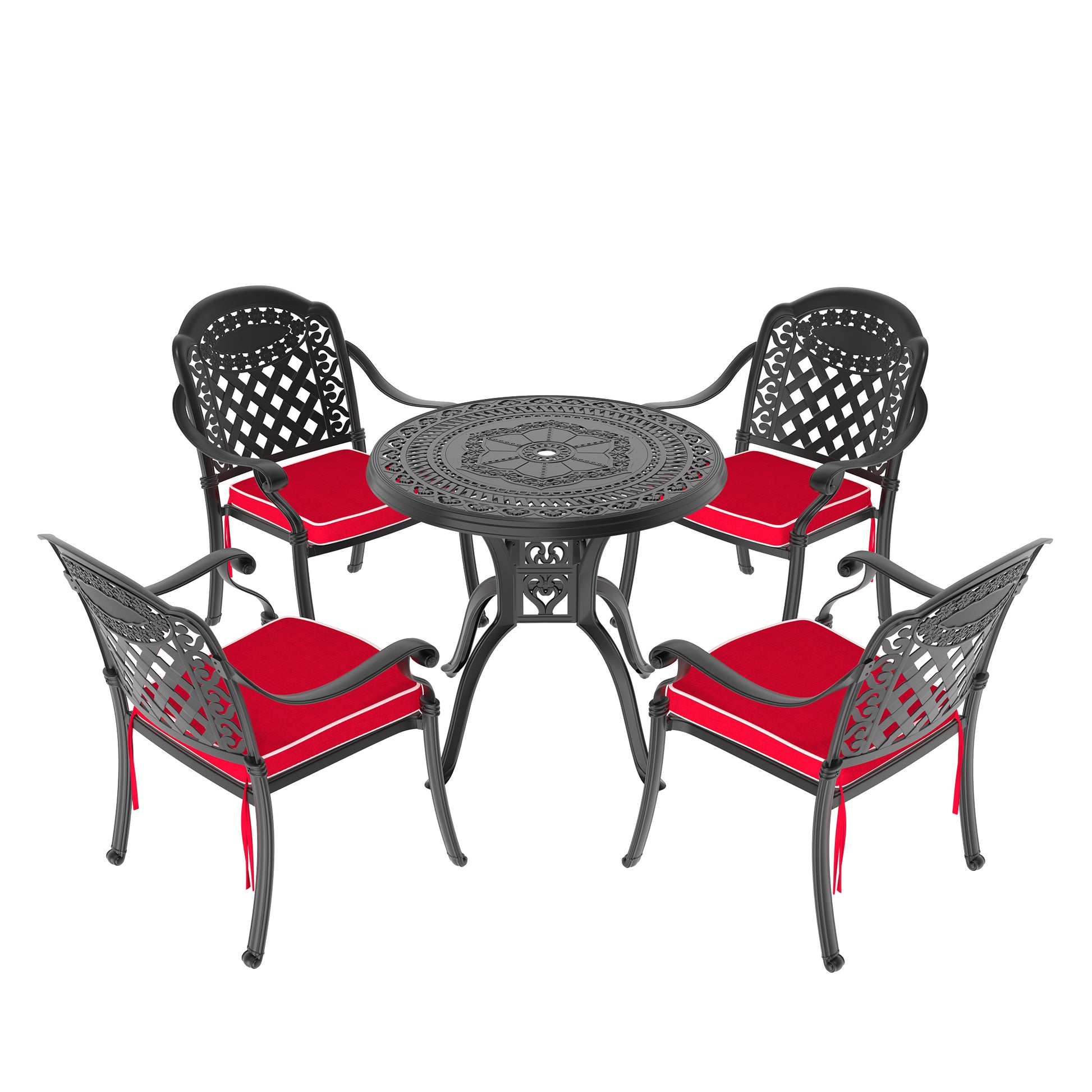 Cushions In Random Colors 5 Piece Set Of Cast Aluminum Patio Furniture With Cushions Yes Dining Set Black Seats 4 Rust Resistant Frame Water Resistant Cushion Garden & Outdoor Complete Patio Sets