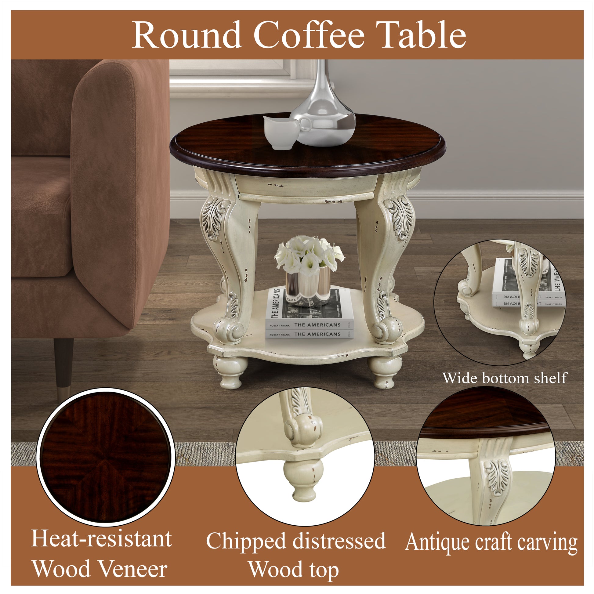 22'' Two Tone Round End Table,Solid Wood Sofa Side Table With Shelf,Living Room Corner Table Easy Assemble,Chipped White And Cherry Top Color Written On Box Is Antique White And Light Espresso Top Antique White Rubber Wood