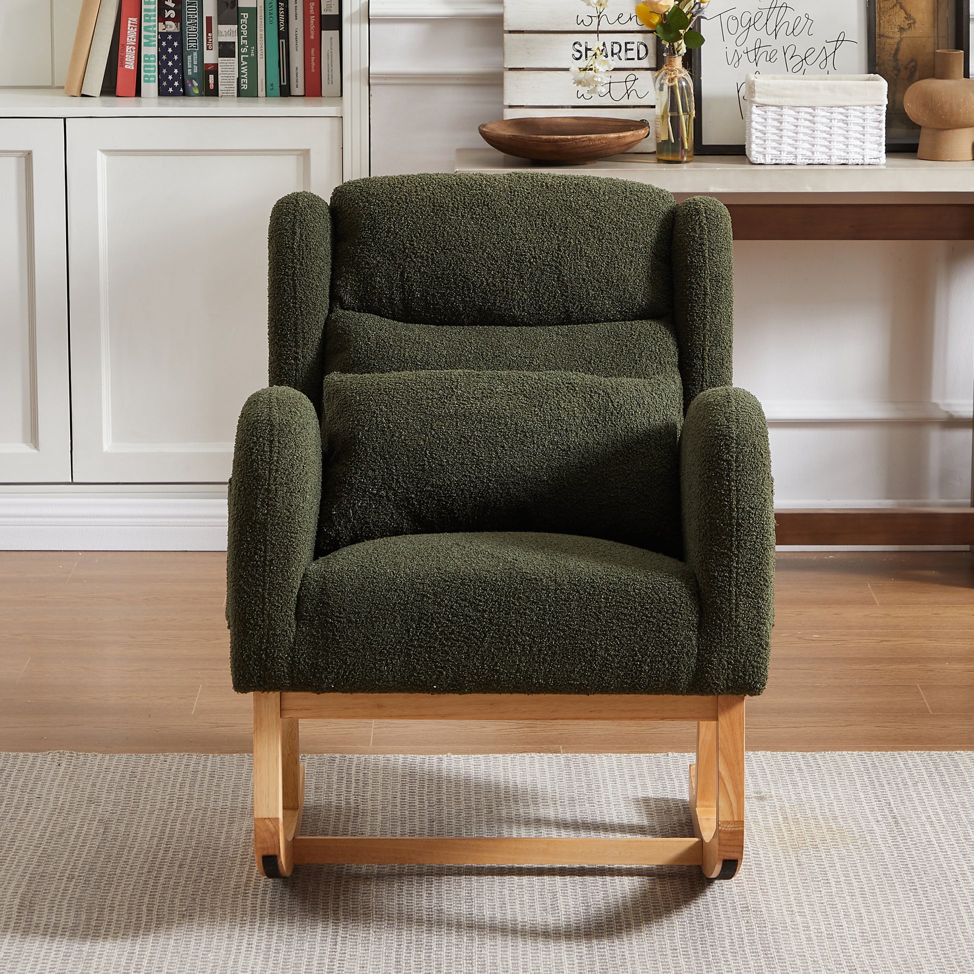 27.2"W Modern Accent High Backrest Living Room Lounge Arm Rocking Chair, Two Side Pocket Army Green Foam Fabric