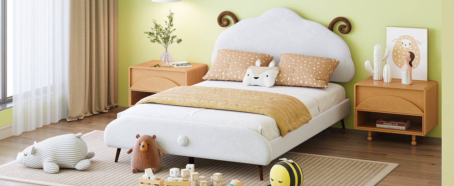 Full Size Upholstered Platform Bed With Sheep Shaped Headboard, White Full White Plywood