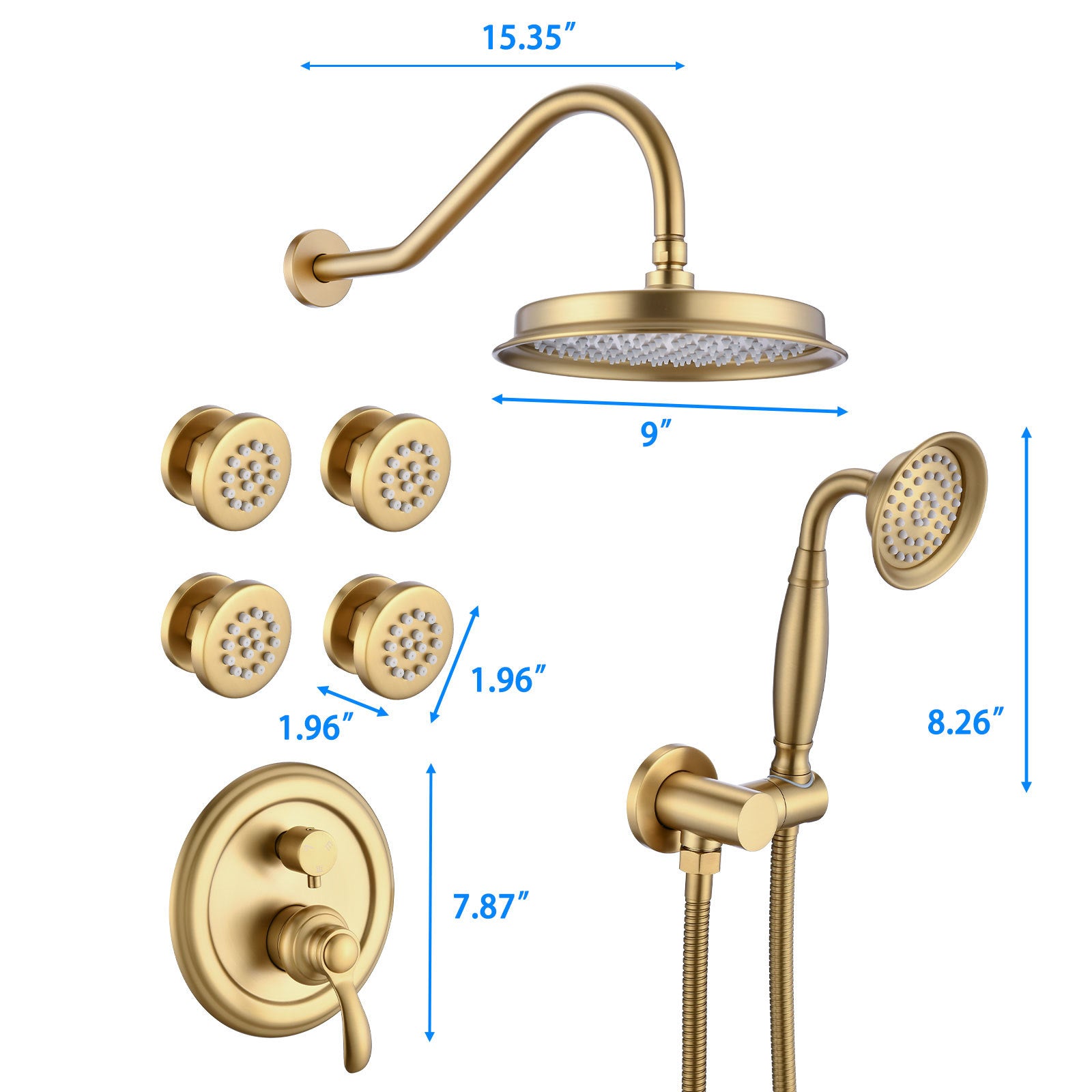 Brushed Gold Shower System With Handheld And 4 Body Sprays Brushed Gold Brass