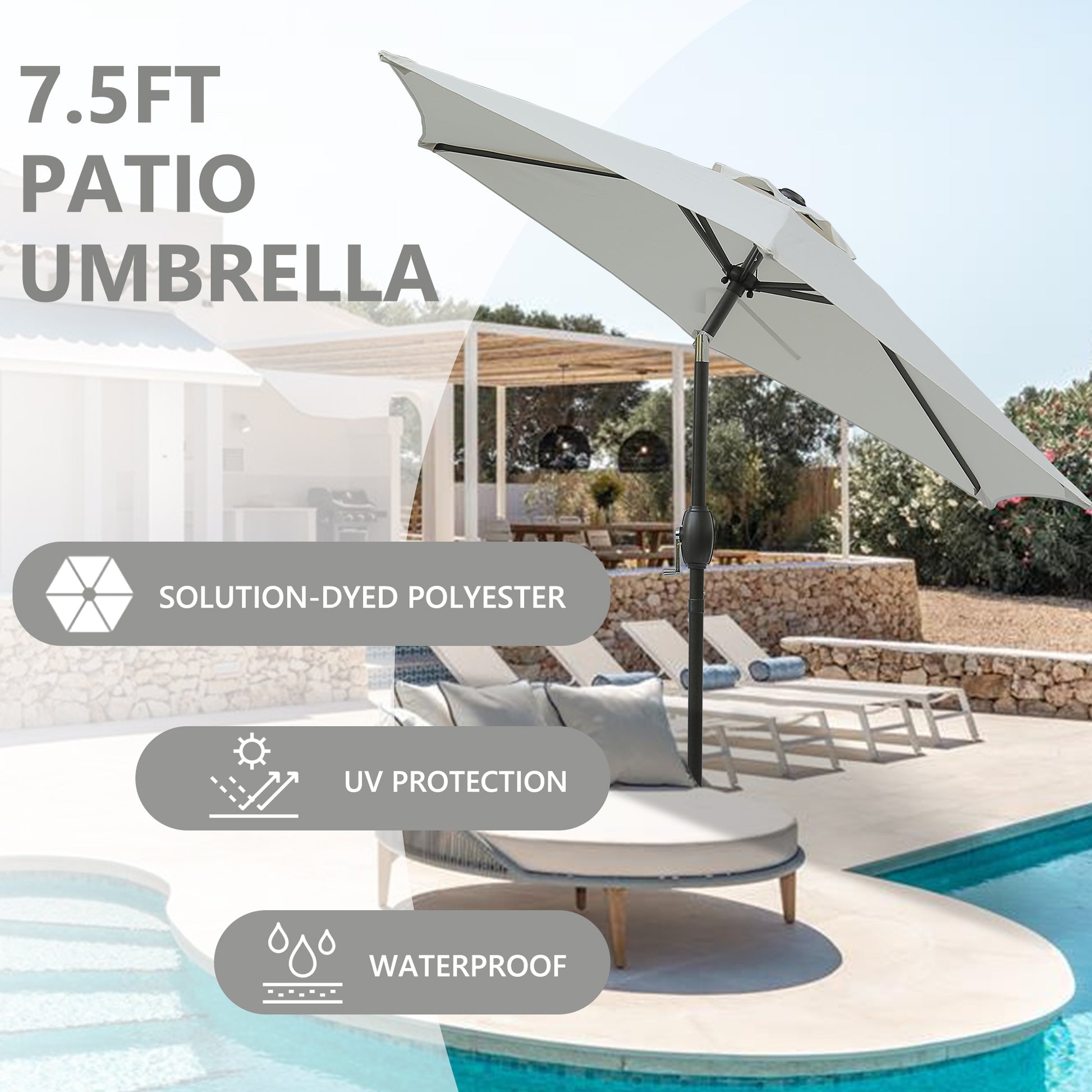 7.5Ft * 7.5Ft Patio Umbrella With Crank And Push Button Tilt, Outdoor Table Market Umbrella With Aluminum Pole Grey Grey Polyester