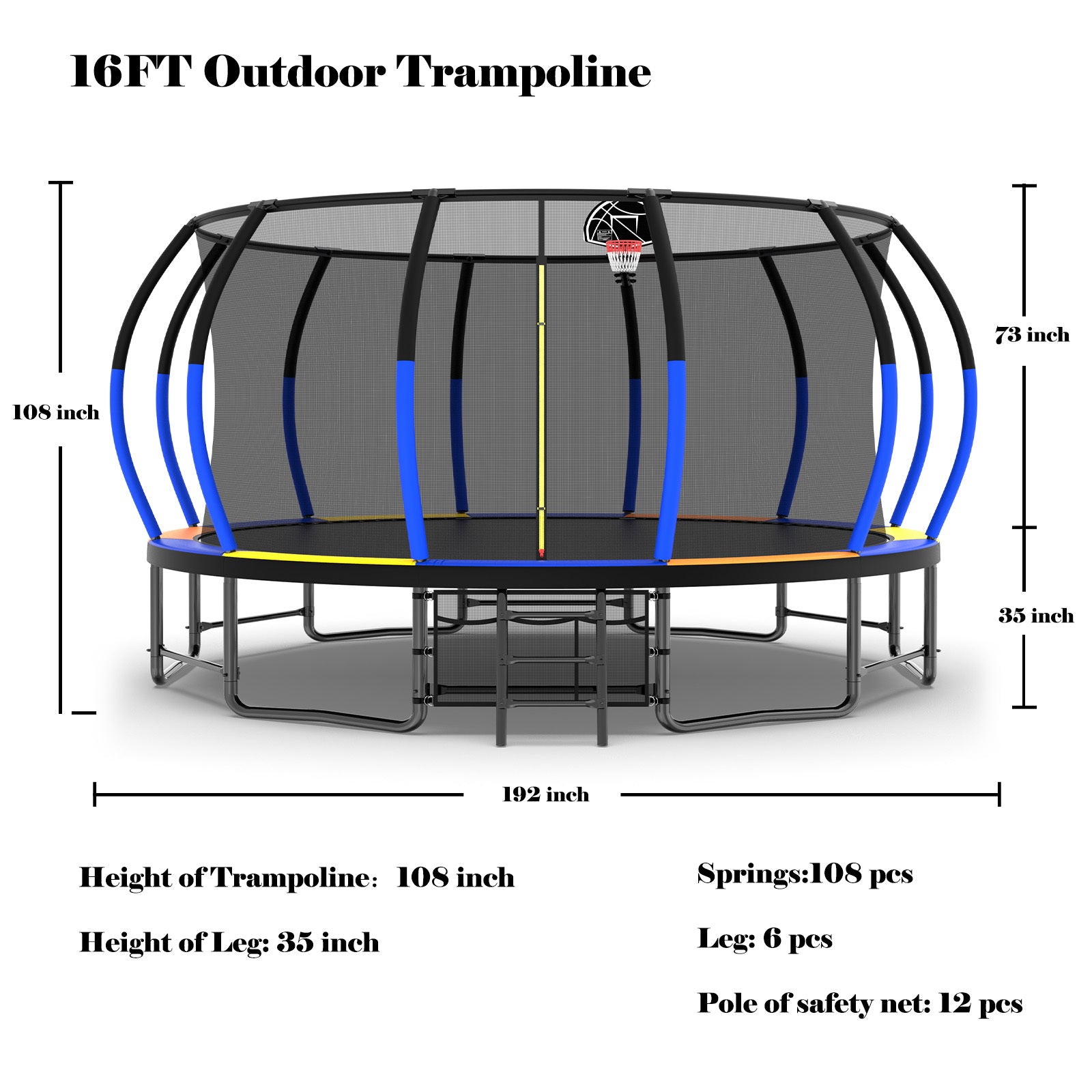 16Ft Trampoline With Enclosurerecreational Trampolines With Ladder And Antirust Coating, Astm Approval Outdoor Trampoline For Kids Colorful Steel